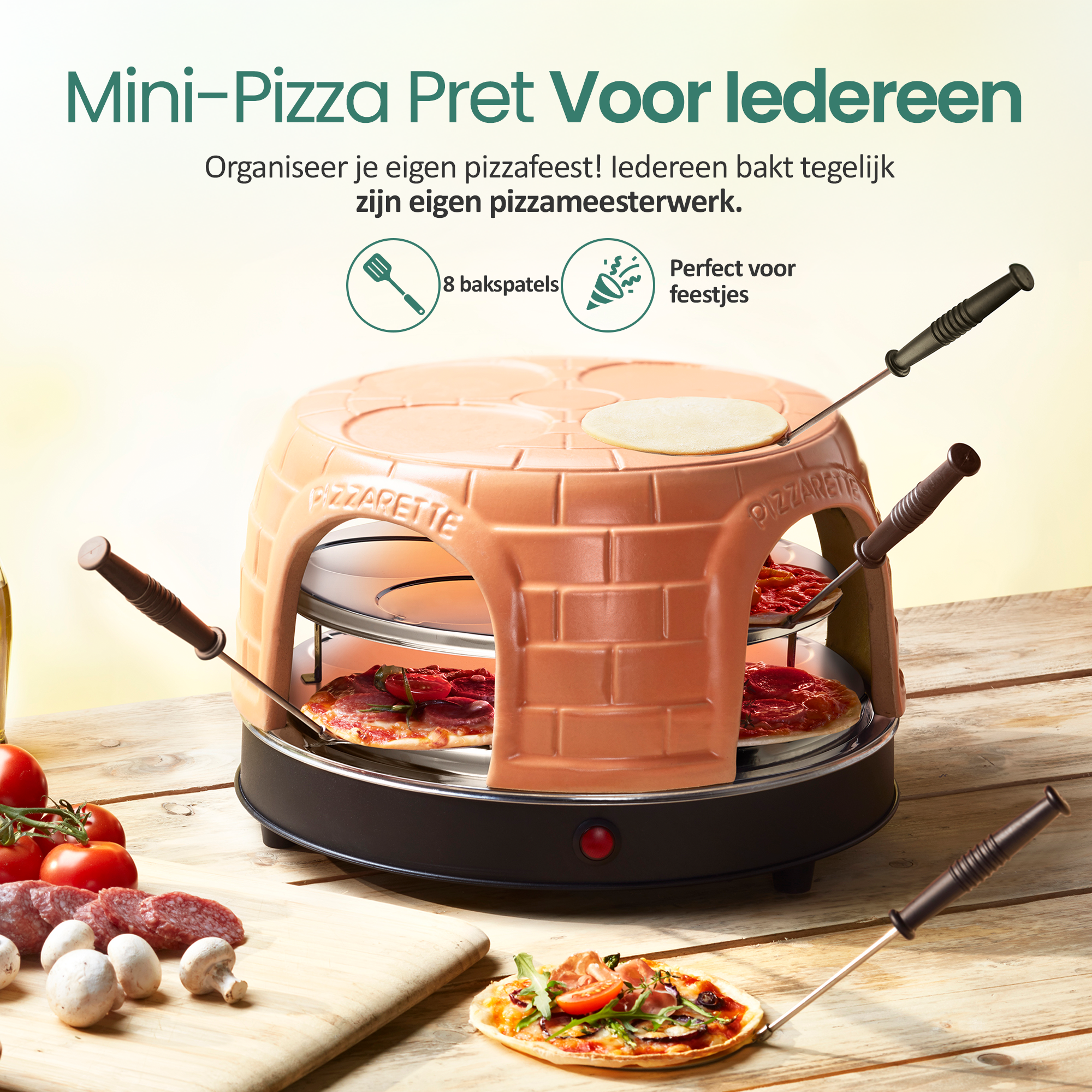 Pizzaofen mit Pizzen und auf einem Spatel. Zutaten und Pizzateig daneben. Text oben: Mini-Pizza Pret Voor ledereen.