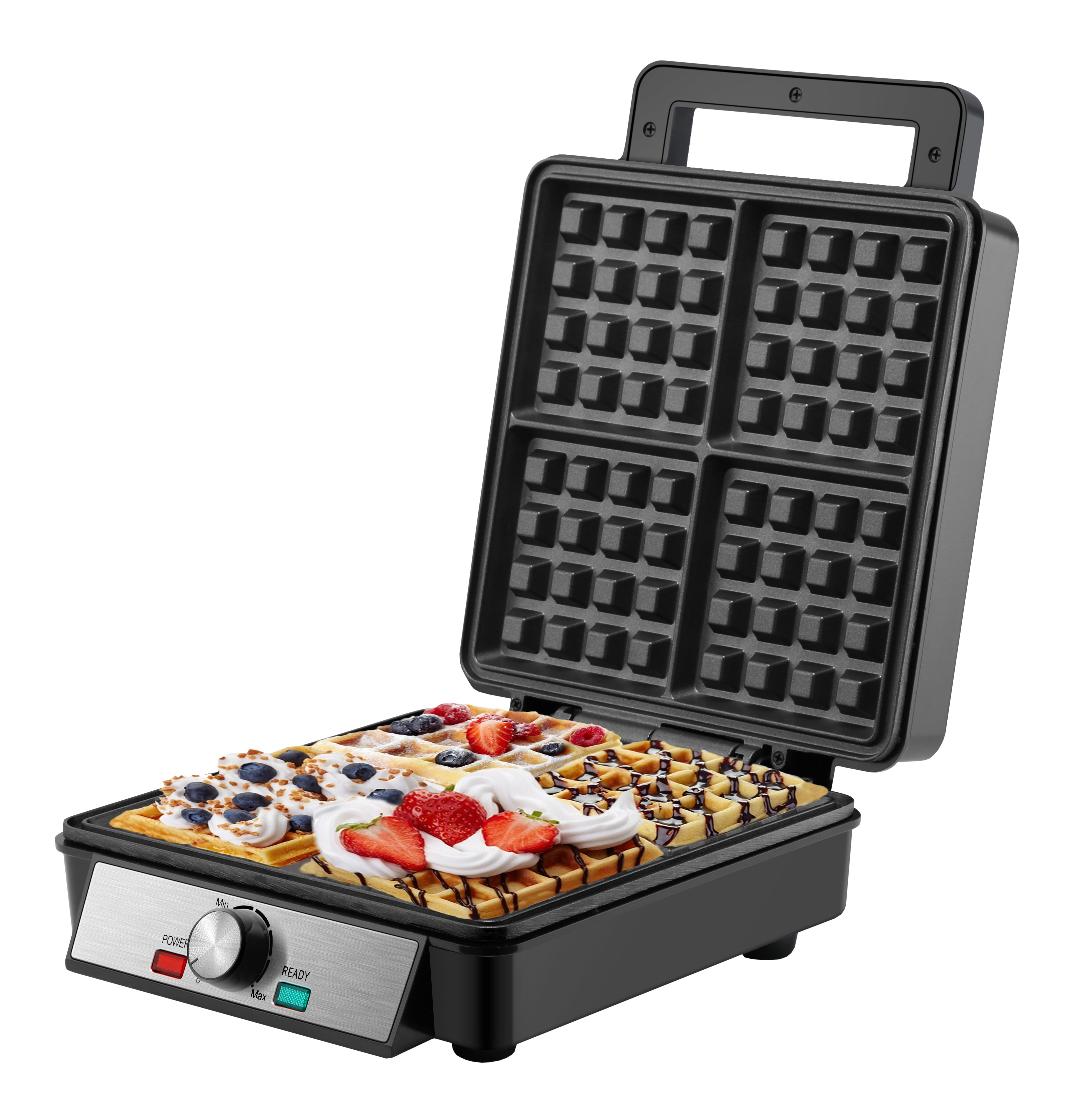 Ein offenes Waffeleisen, das gebackene Waffeln mit Beeren und Sahne zeigt. Schwarzes und silbernes Äußeres.