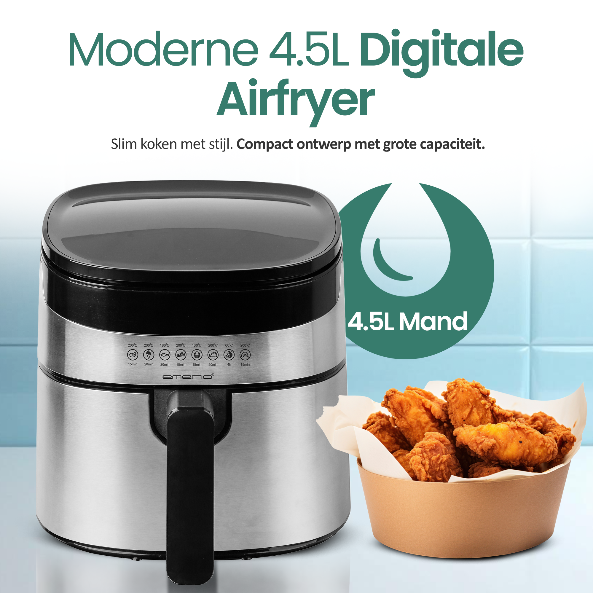 Frytownica powietrzna z kurczakiem obok. Frytownica jest srebrna i czarna. U góry napis 'Moderne 4.5L Digitale Airfryer'.