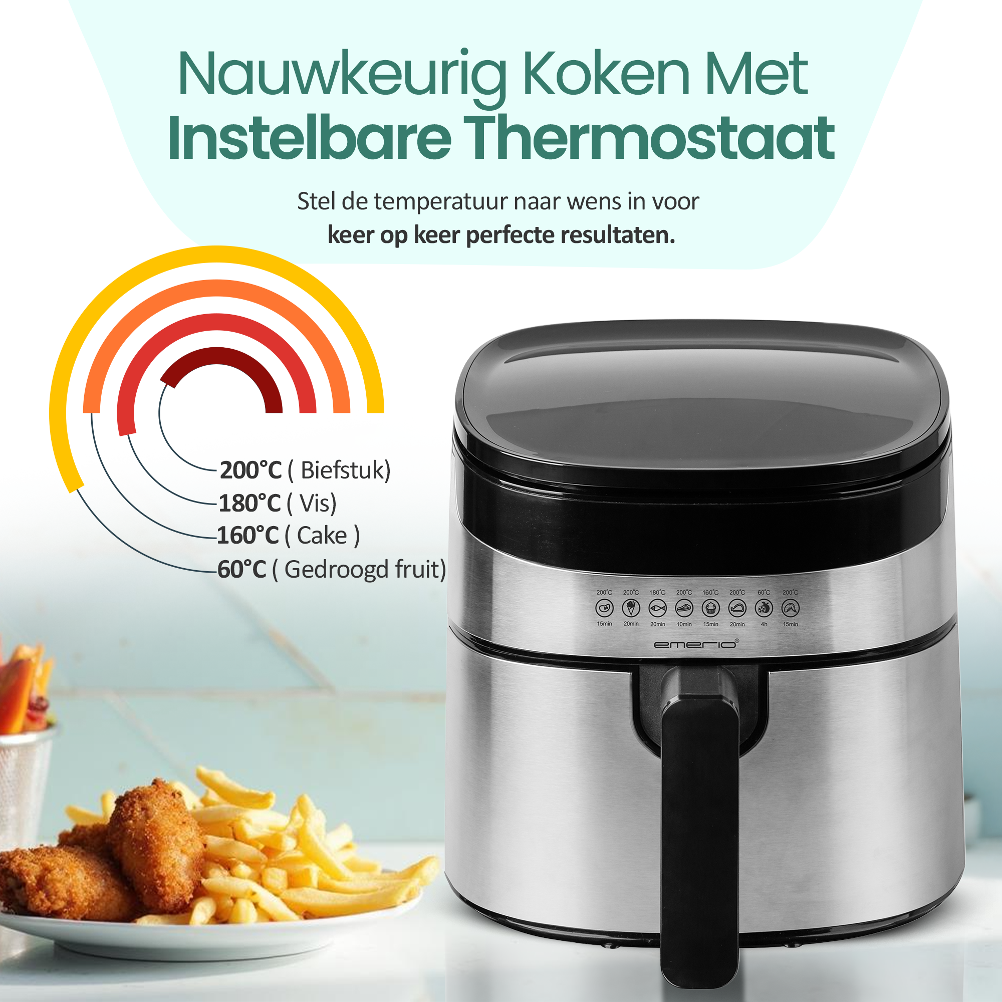 Frytownica powietrzna z czarną górą i uchwytem, obudową ze stali nierdzewnej i jedzeniem na talerzu na pierwszym planie.