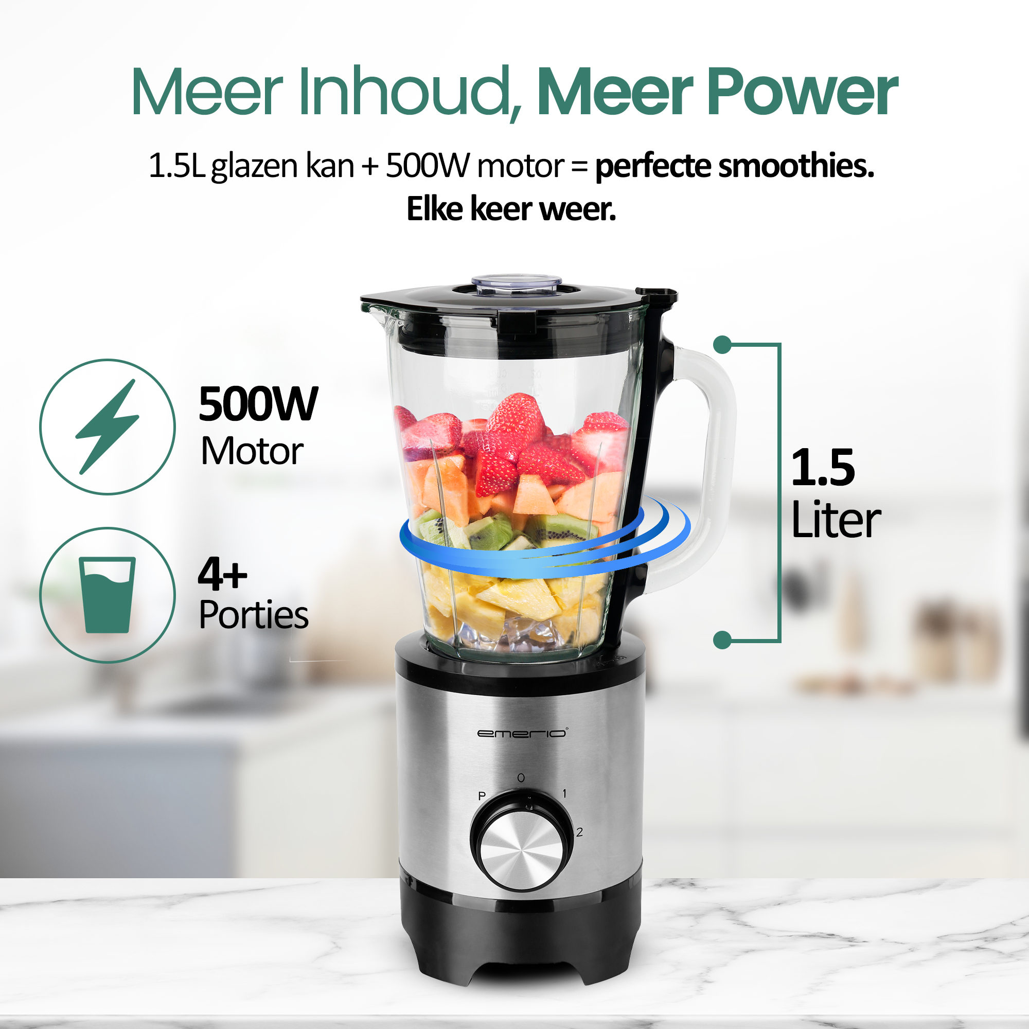 Blender met fruit, 500W motor, 1,5L capaciteit en tekst 'Meer Inhoud, Meer Power'.