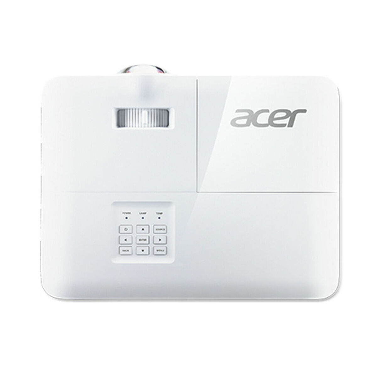 Un projecteur Acer blanc avec un panneau de contrôle, une lentille et le logo Acer. L'appareil est de forme rectangulaire avec des coins arrondis.