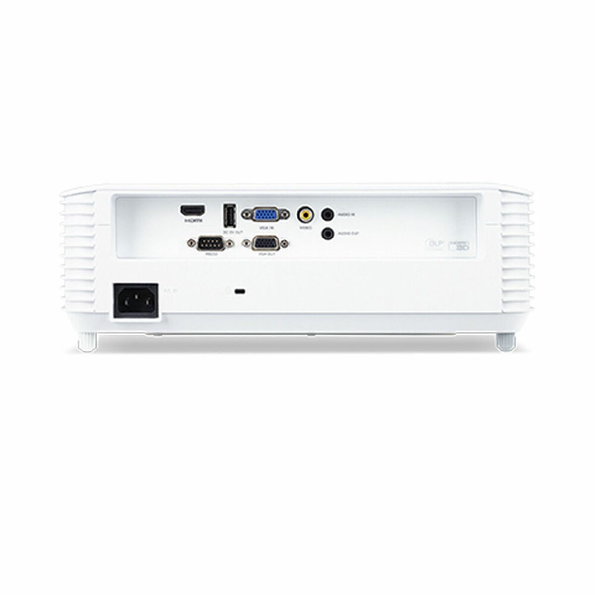 Arrière d'un projecteur blanc montrant divers ports d'entrée : HDMI, VGA, audio et entrée d'alimentation.