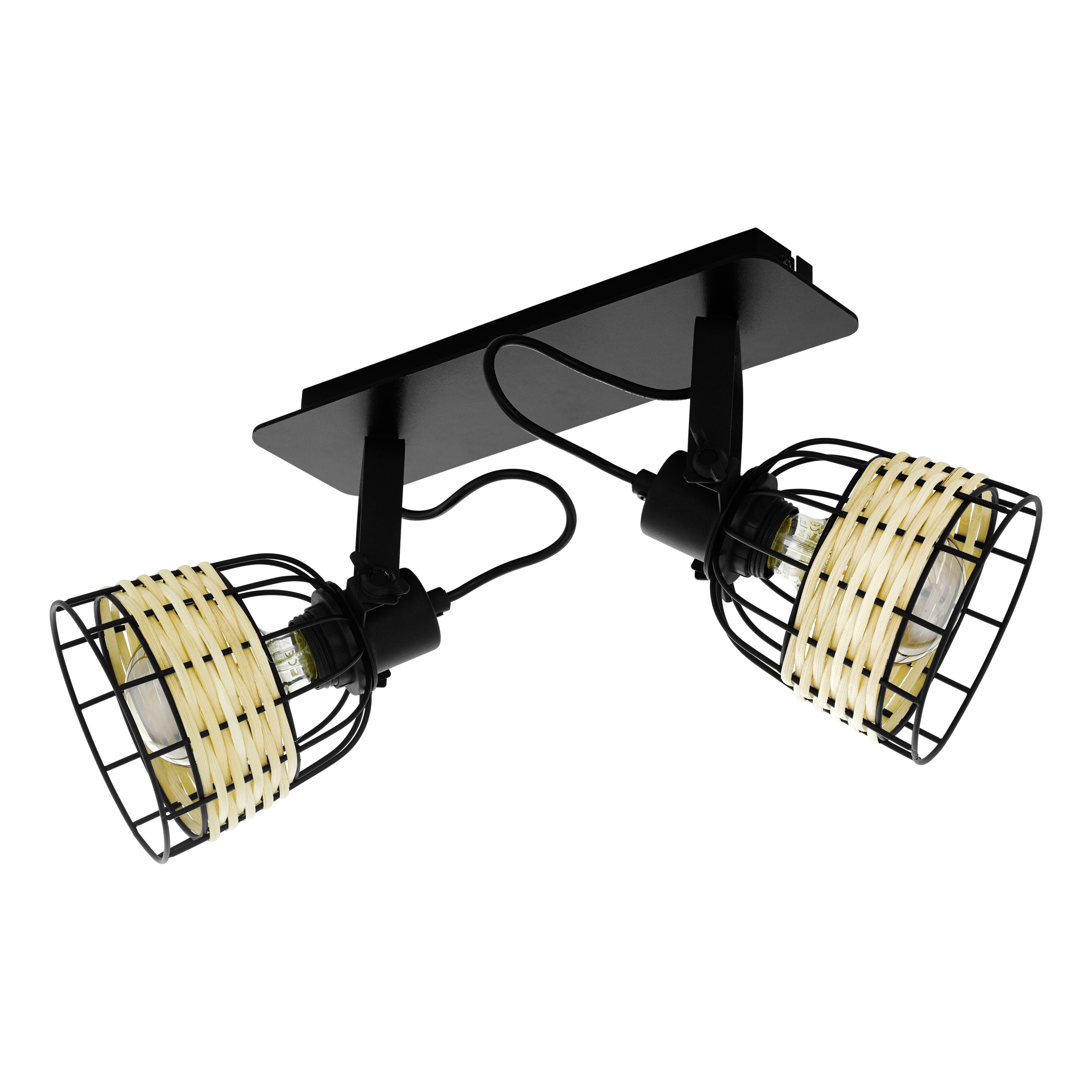 Un plafonnier noir avec deux lampes. Chaque lampe a une cage en métal noir avec des lanières beiges tissées.