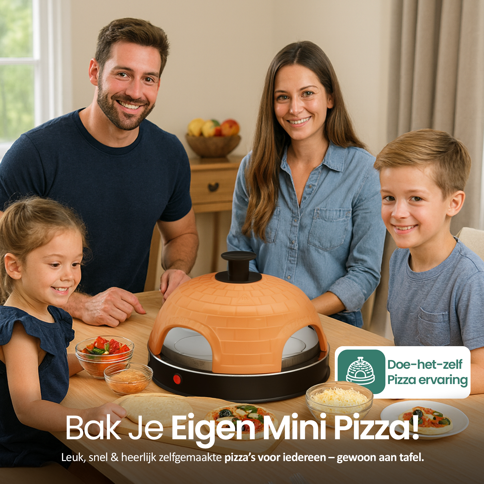 Family around a table with a pizza oven. Smiling faces, pizza ingredients, and a finished mini pizza are visible.