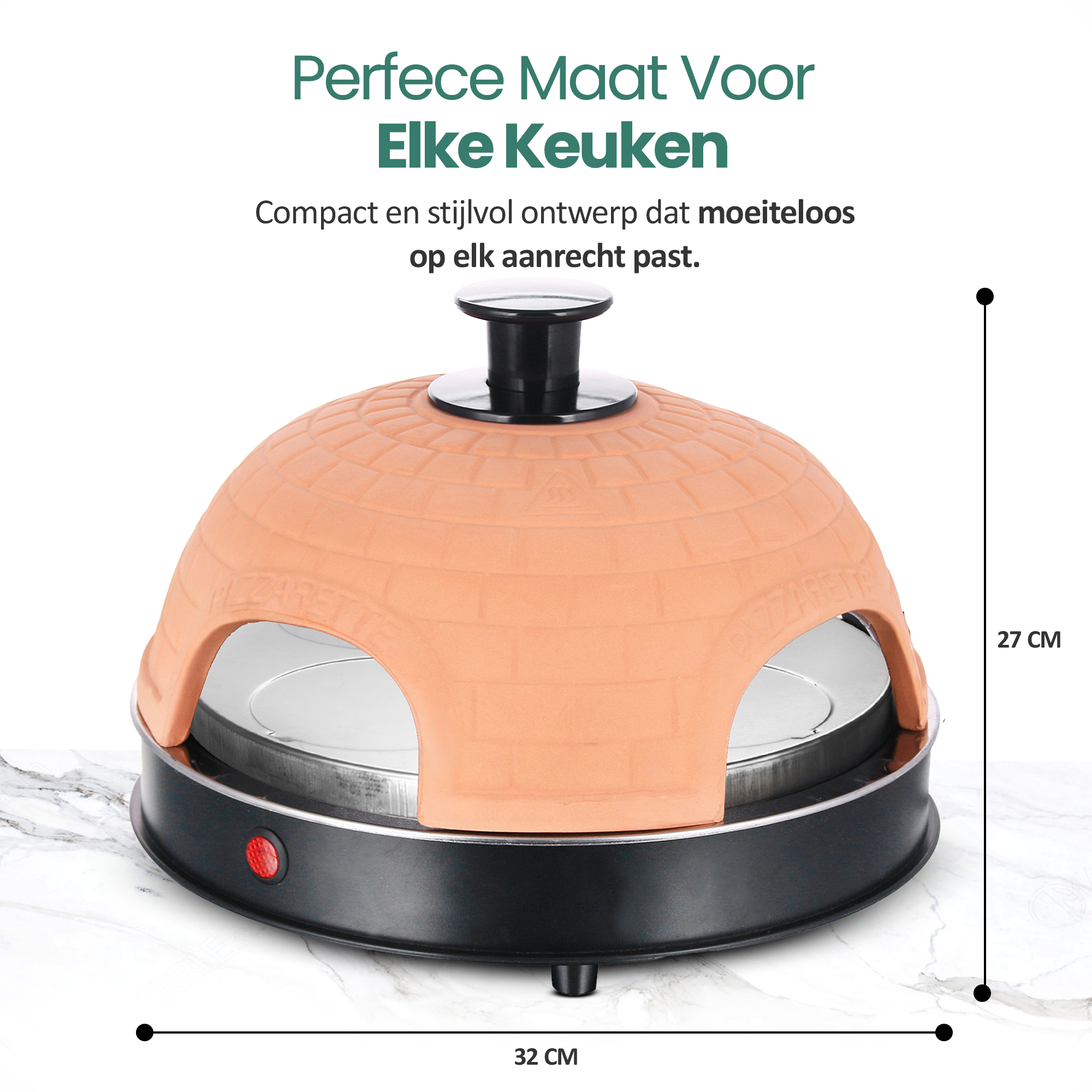 A pizza oven with a terracotta dome on a black base, dimensions are 32x27 cm. The oven sits on a marble surface.