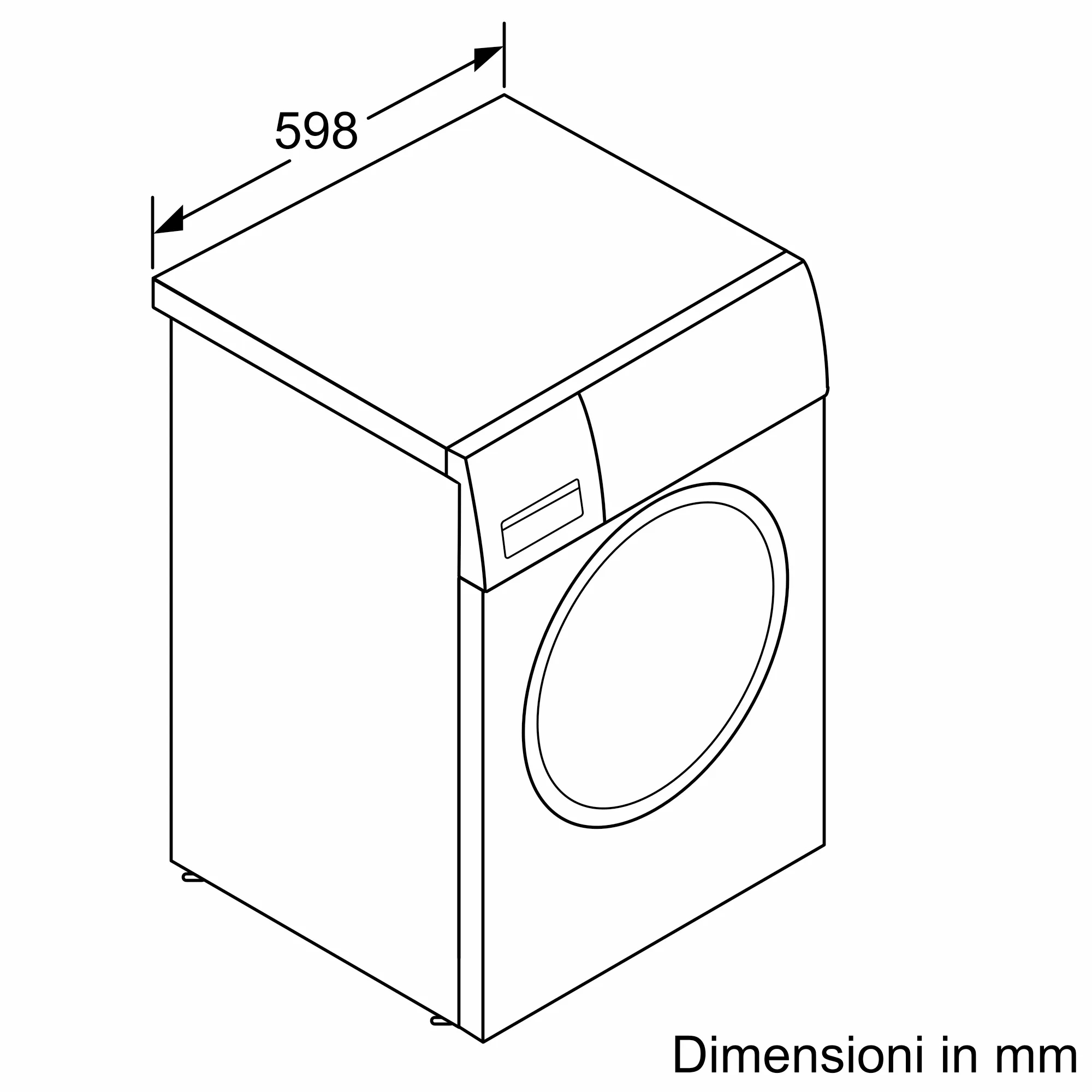Eine isometrische Strichzeichnung einer Waschmaschine. Die obere Abmessung beträgt 598 mm. Maße in mm sind unten.