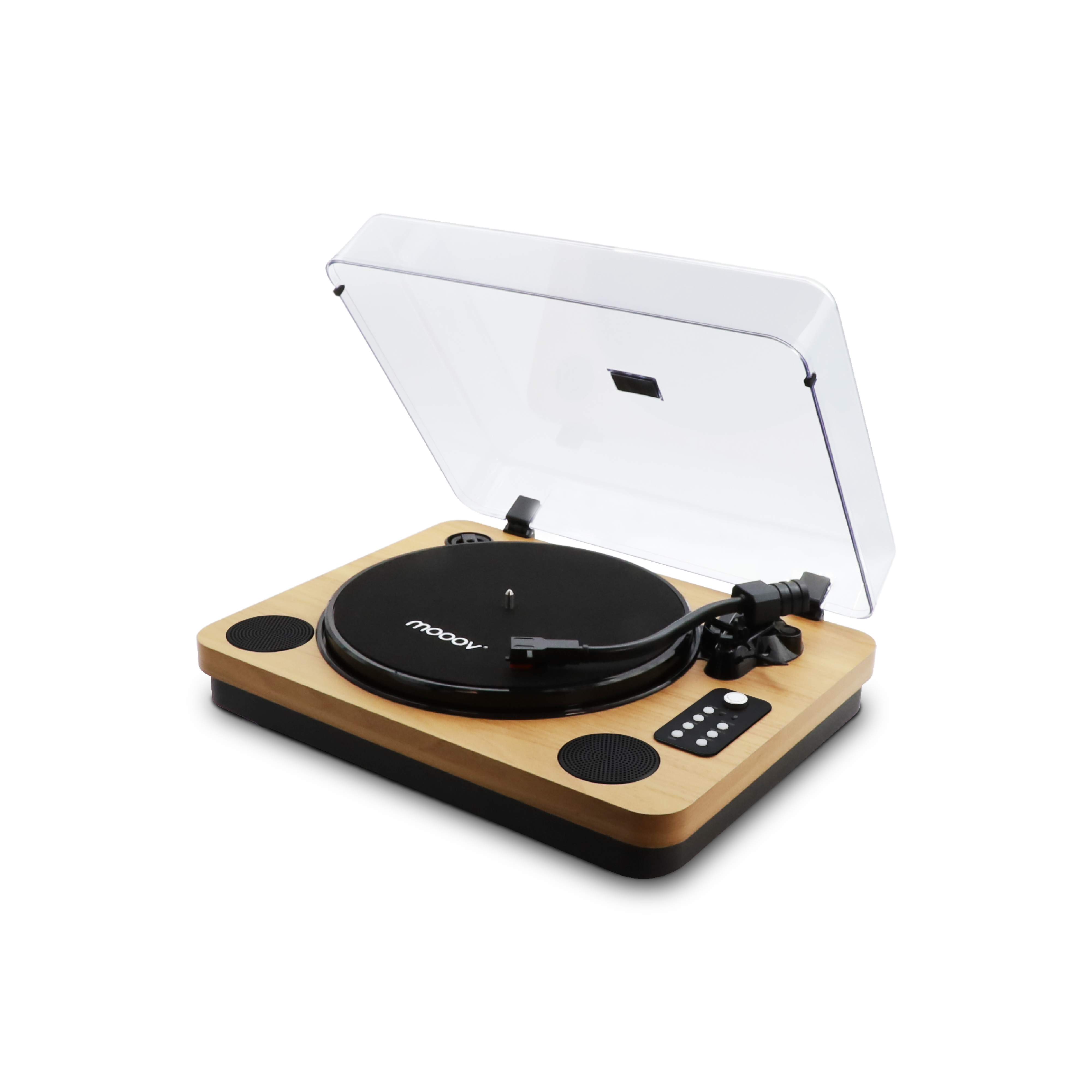 Un tocadiscos con tapa transparente. Tiene una base de madera, plato negro y botones de control. La tapa está abierta.