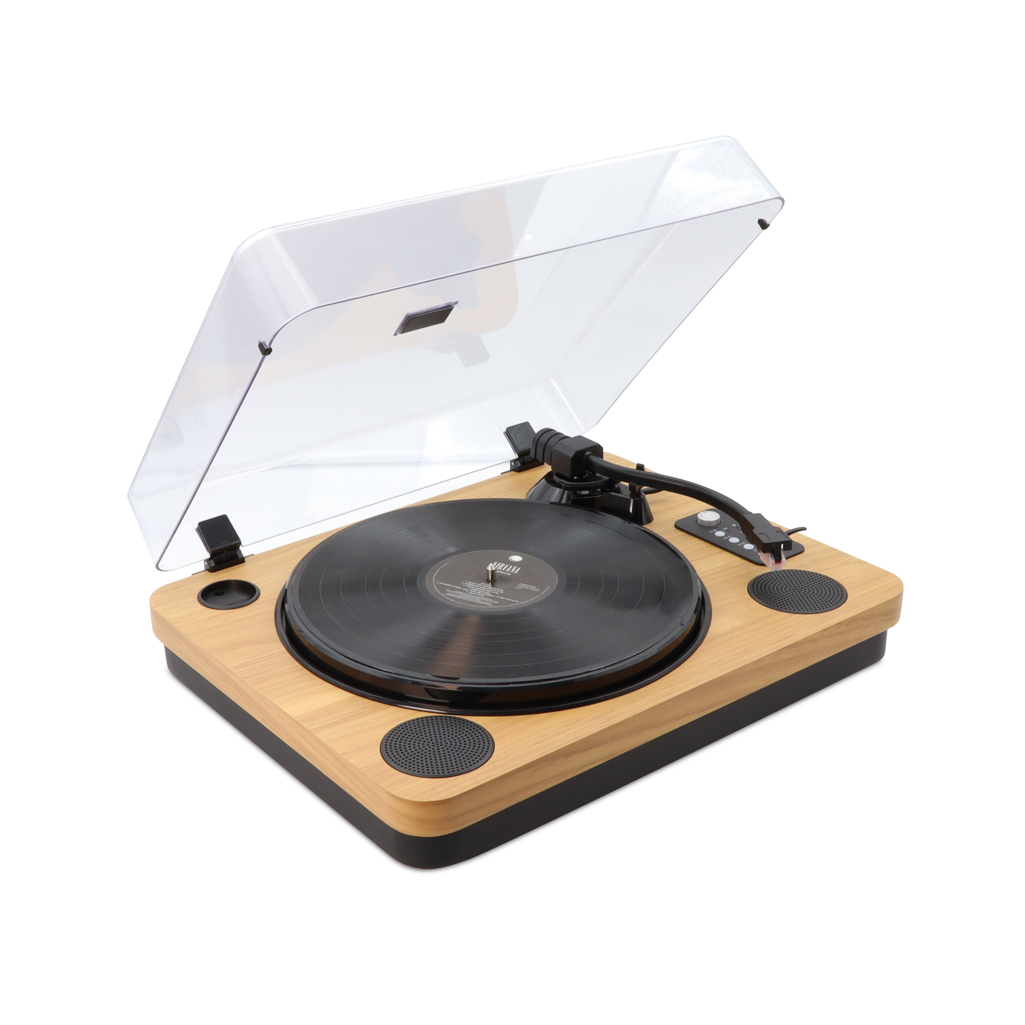 Un tocadiscos de madera con un disco negro. Tiene una cubierta transparente abierta. Se ven altavoces y controles.