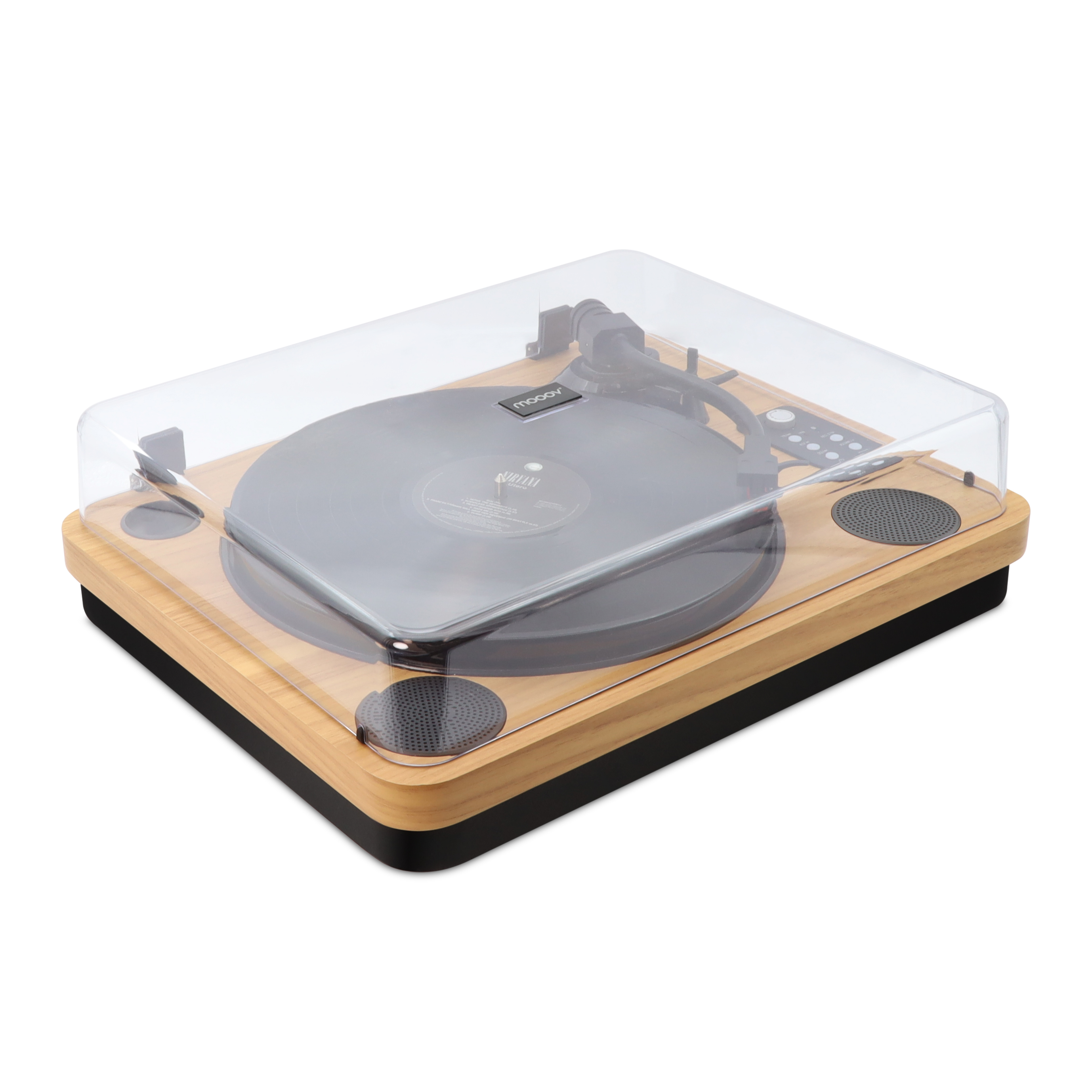 Un tocadiscos con tapa transparente. Tiene un disco negro, base de madera y brazo negro. La marca es visible.