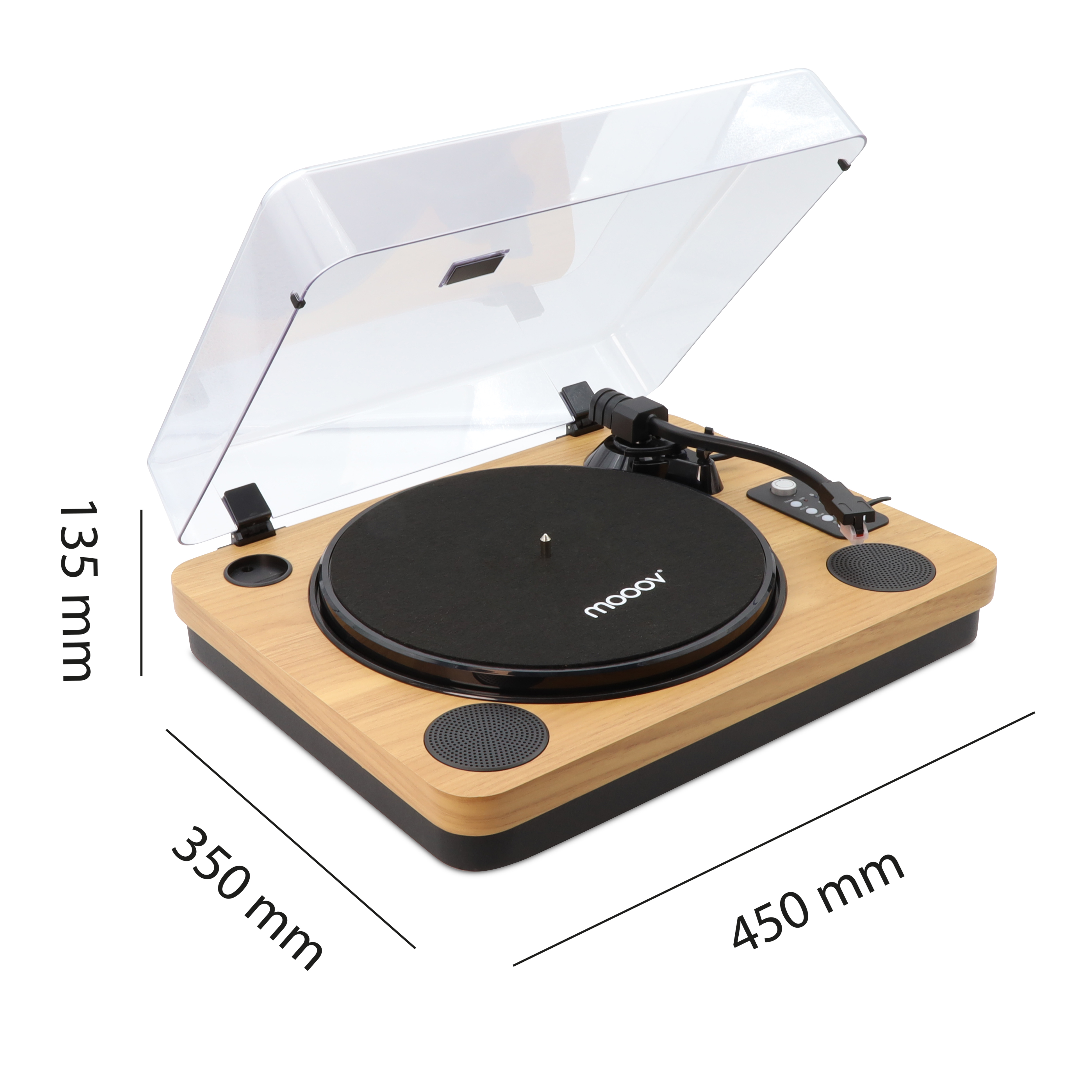 Un tocadiscos con dimensiones etiquetadas. Tiene una cubierta transparente. La base es de madera. Hay altavoces y controles en la parte superior.