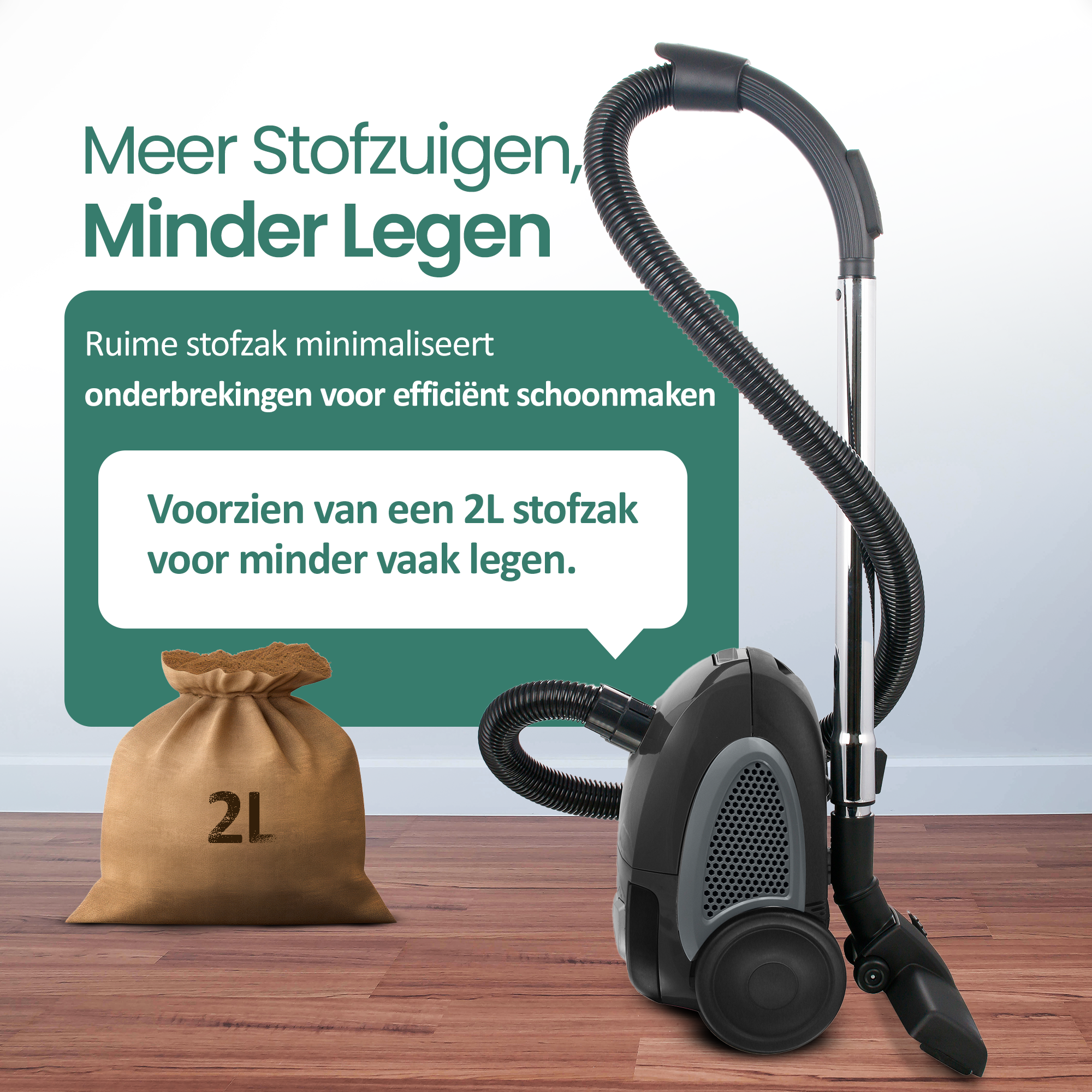 Vacuum cleaner with a 2L bag, text in Dutch. A brown bag is at the left, and the vacuum cleaner is on a brown wood floor.
