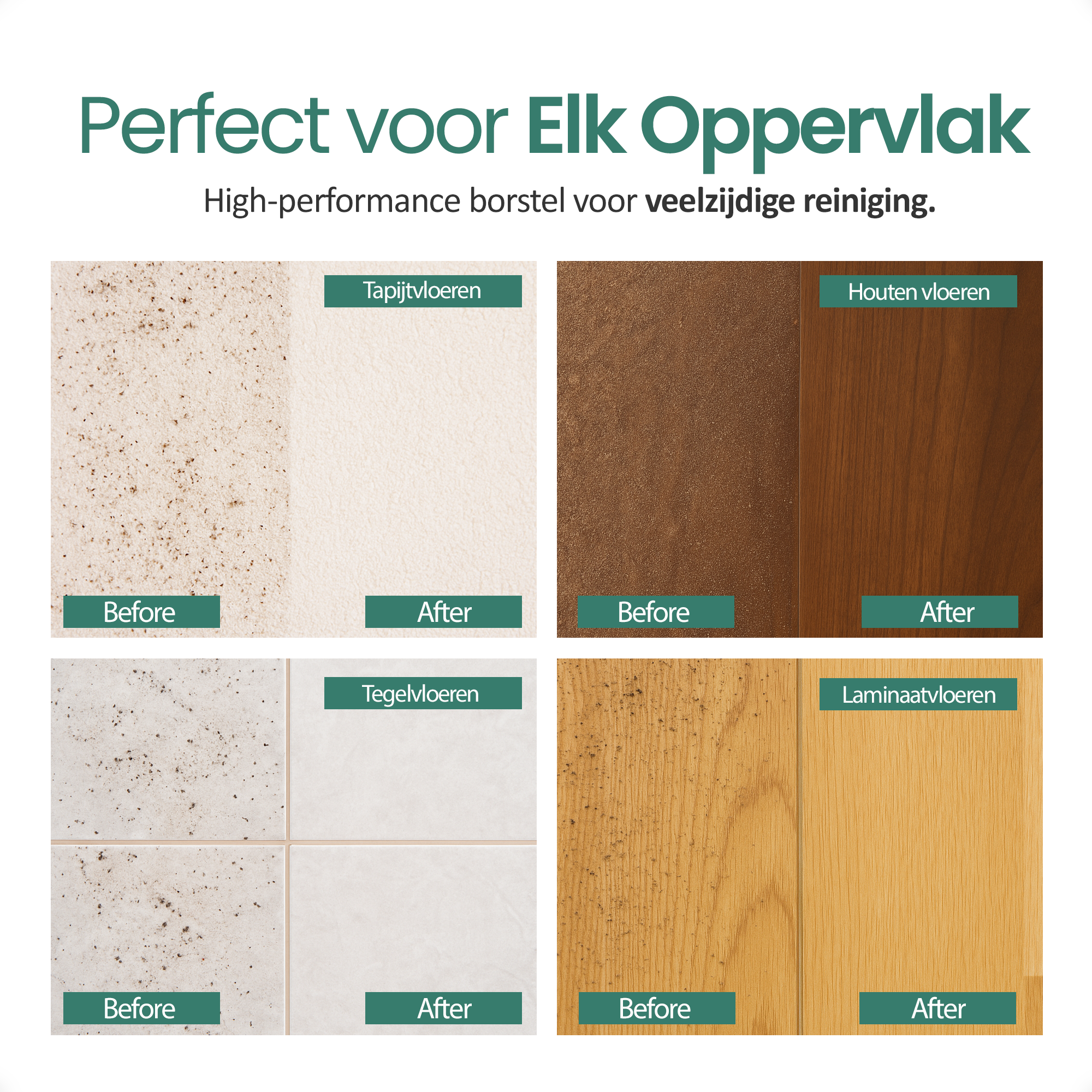 Image shows cleaning results on different floor types: carpet, wood, tile, and laminate. Before/after comparisons are shown.