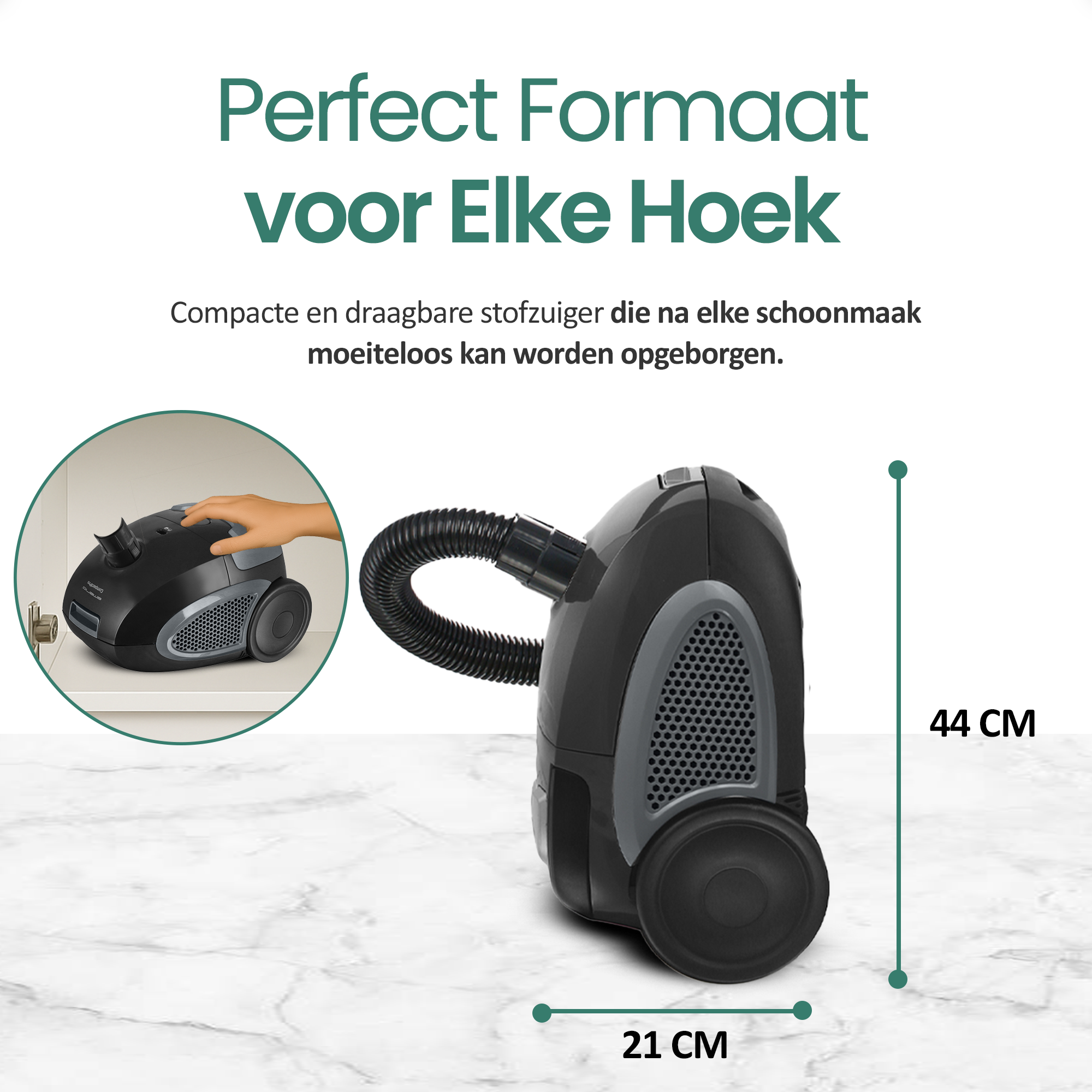 A black and gray vacuum cleaner with a hose. It is 44 cm high and 21 cm wide. Text reads 'Perfect Formaat'.