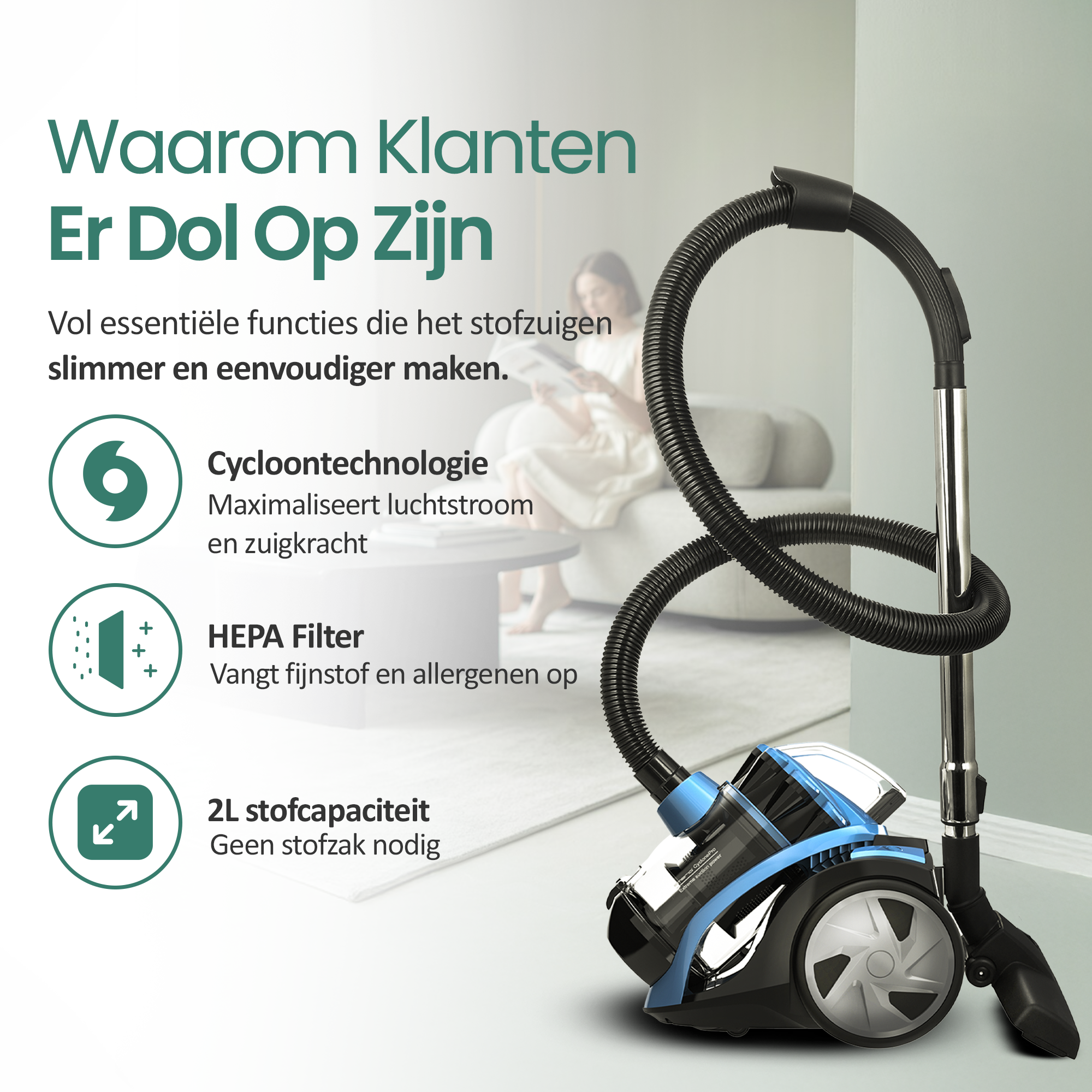 Odkurzacz z niebieskimi akcentami. Osoba siedzi na sofie w tle. Tekst podkreśla funkcje.