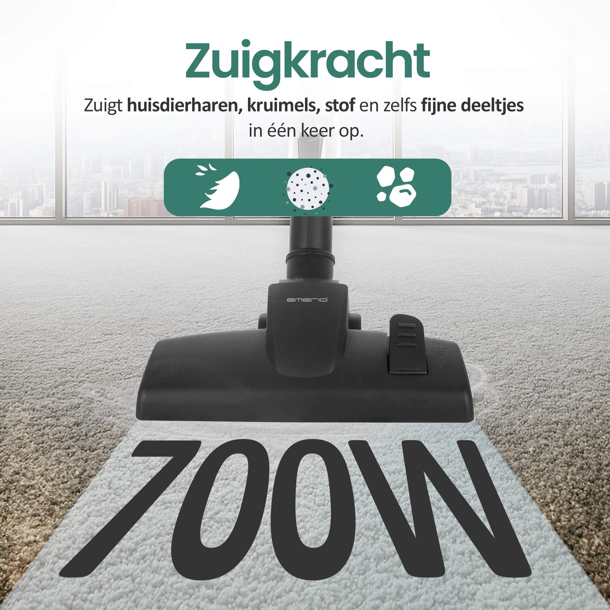 Odkurzacz na dywanie z napisem 'Zuigkracht' i '700W'. Podkreśla czyszczenie sierści zwierząt, okruchów i kurzu.