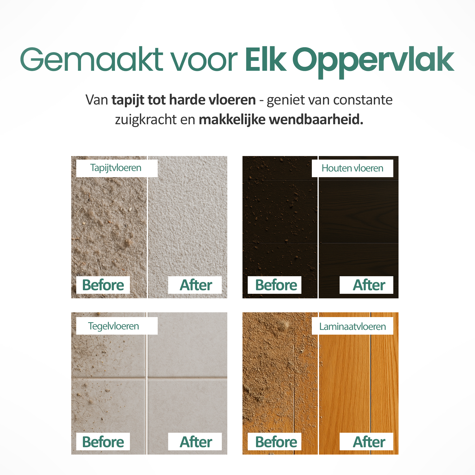 Obraz przedstawia cztery rodzaje podłóg: dywan, drewno, płytki i laminat. Wyświetlane są porównania przed i po czyszczeniu.