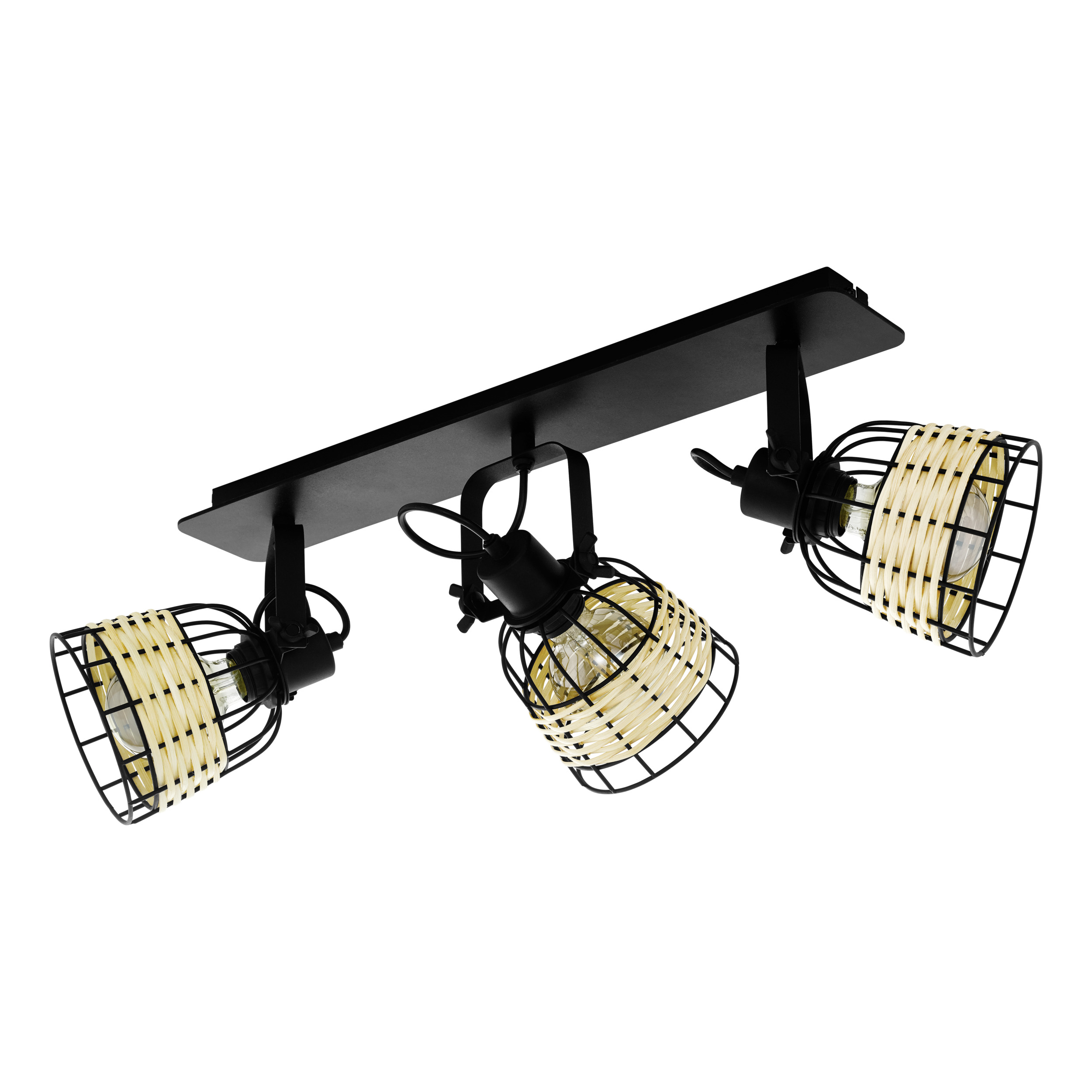 Lampada da soffitto nera con tre lampade. Ogni lampada ha un paralume intrecciato color crema e una gabbia nera.