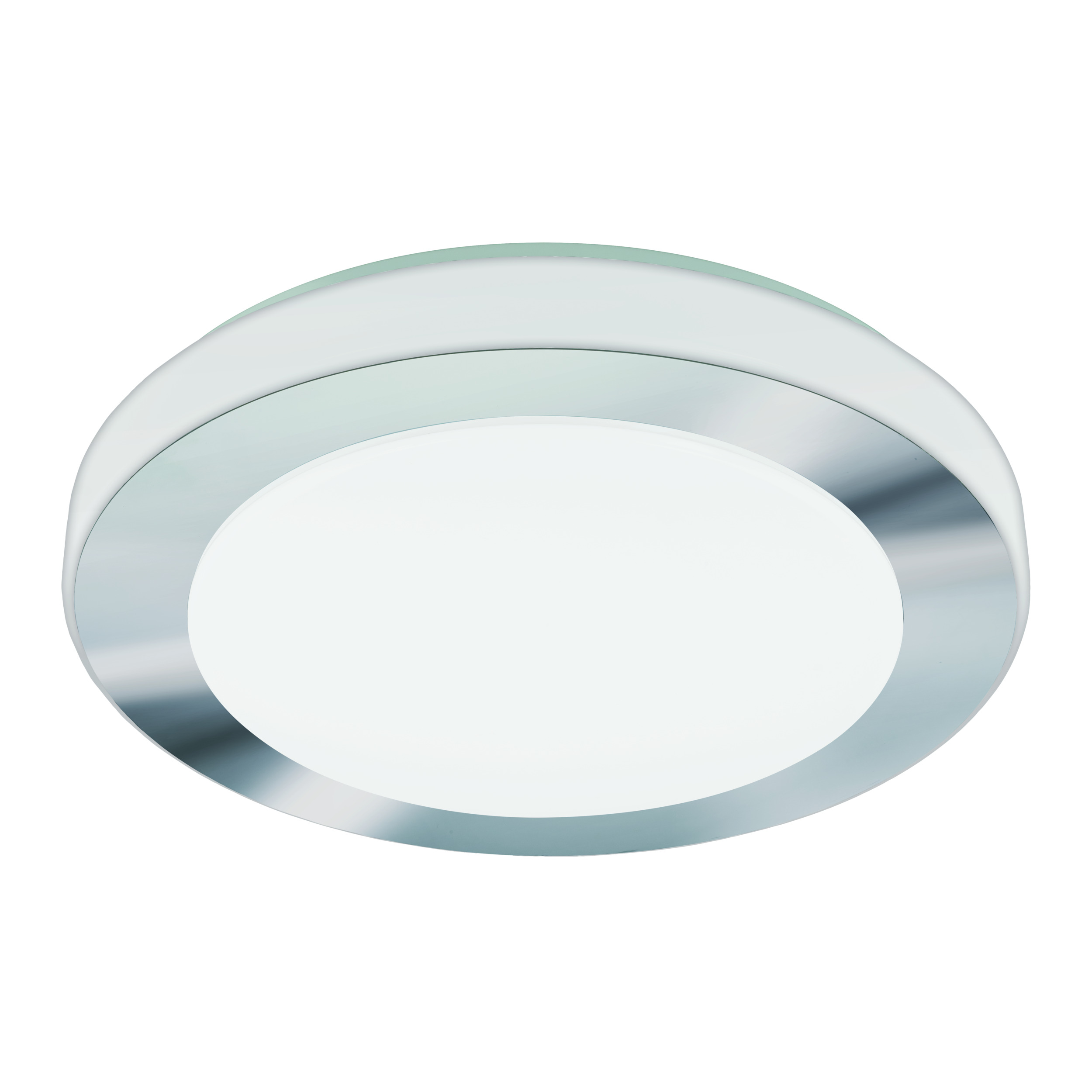 Eine moderne Deckenleuchte. Sie hat eine weiße, runde zentrale Lichtfläche, umgeben von einem Metallring.
