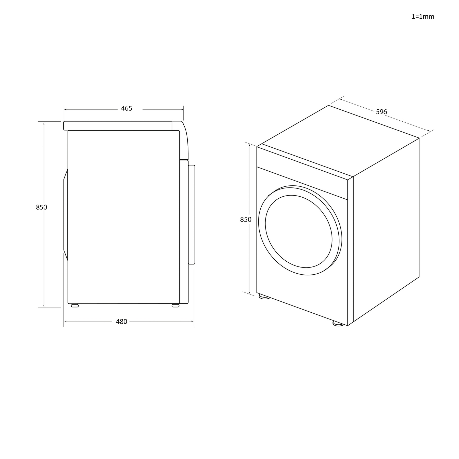 Rysunek techniczny pralki z wymiarami w milimetrach. Maszyna pokazana z dwóch perspektyw.