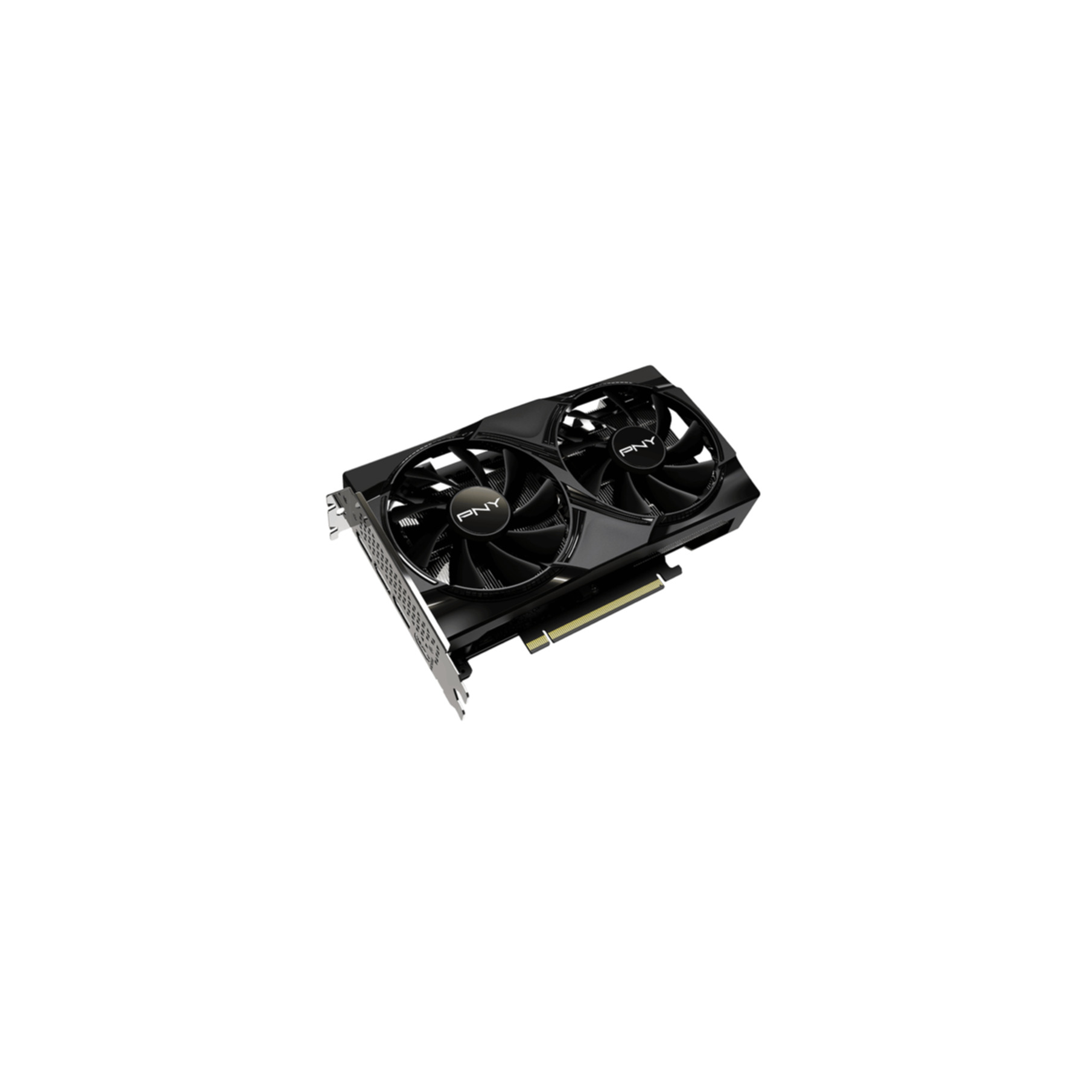 A black PNY graphics card with two fans is isolated on a white background.