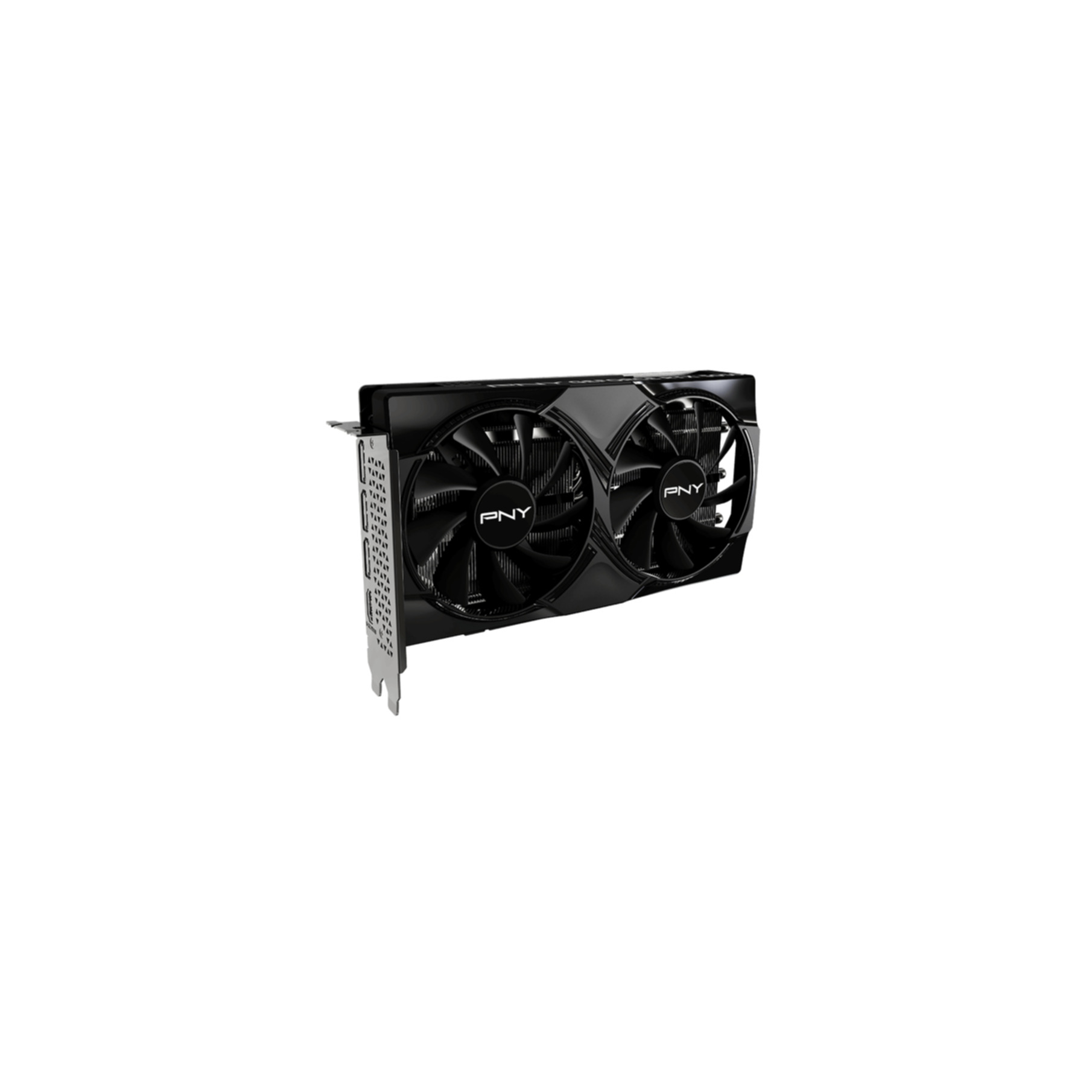 Black PNY graphics card. Two fans with PNY logo. Perforated metal bracket. White background.