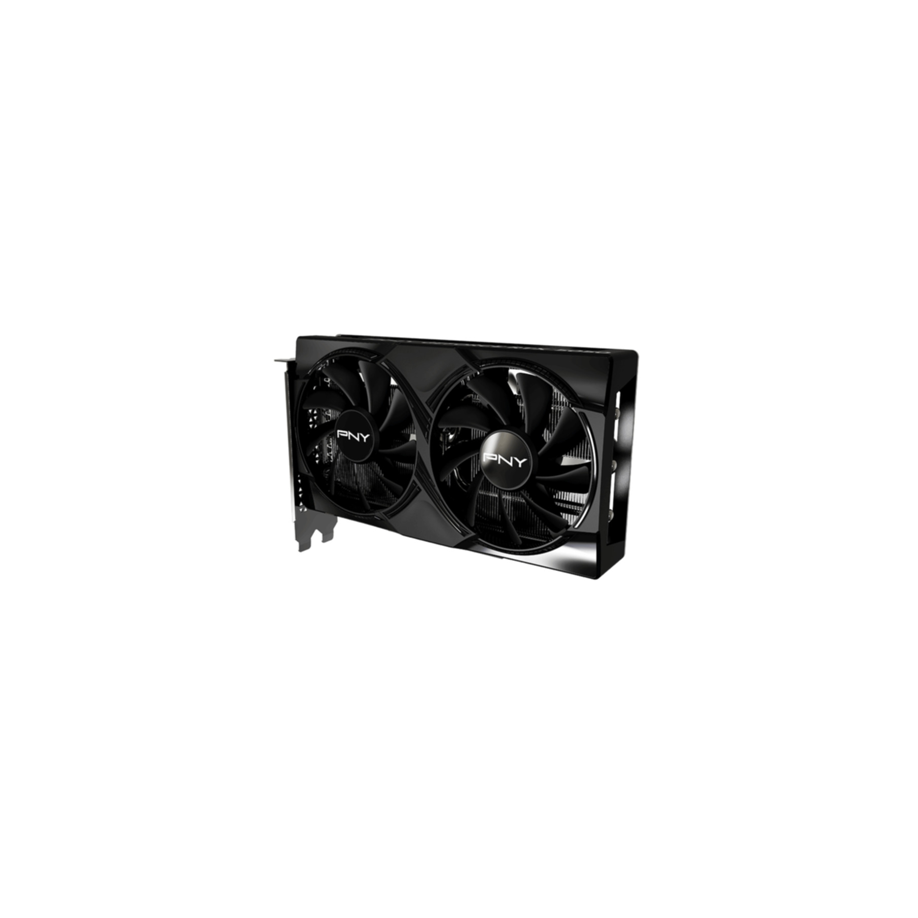 A black PNY graphics card with two fans is displayed on a white background. The fans are visible, with the PNY logo on each.