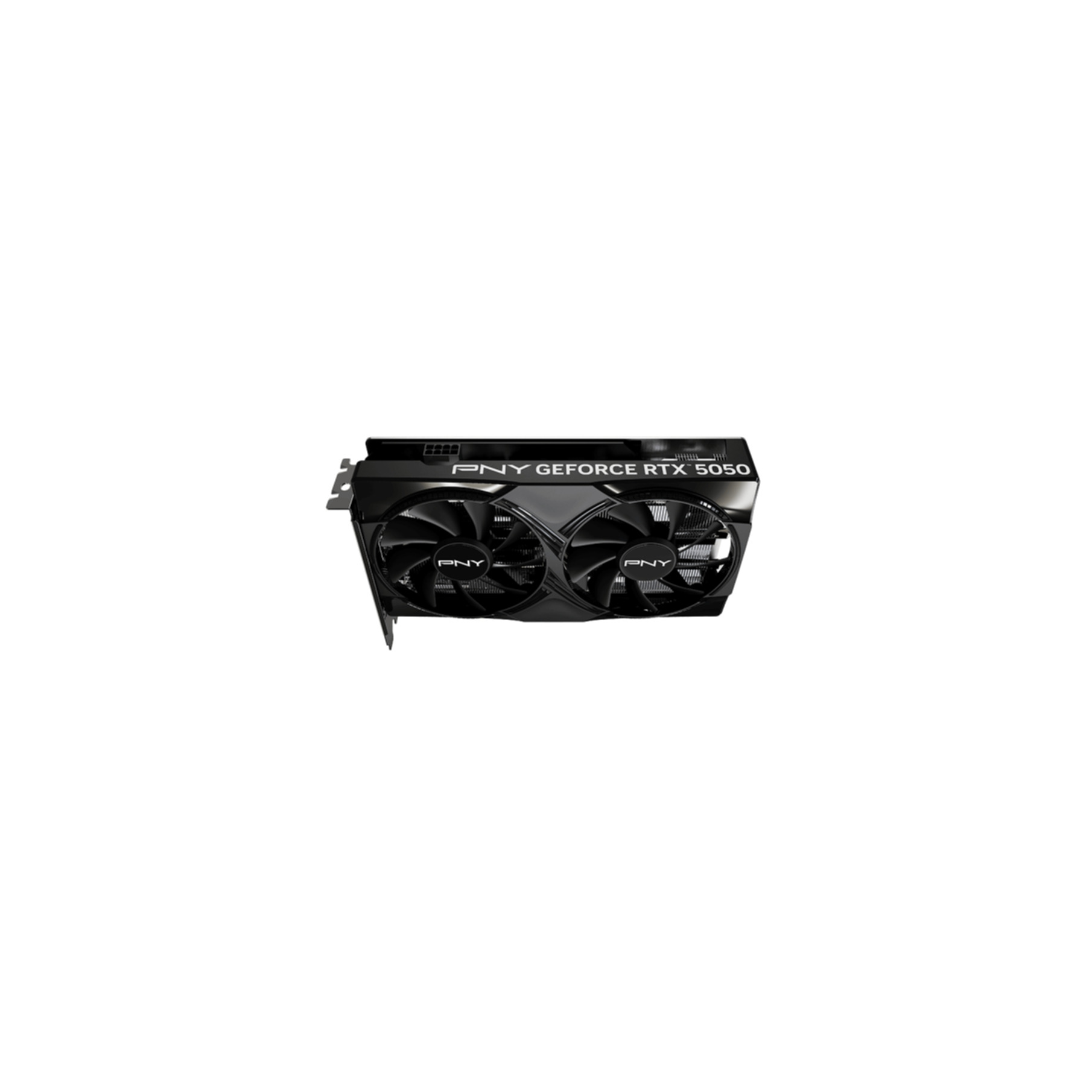 A black PNY GeForce RTX 5050 graphics card with two fans, on a white background.