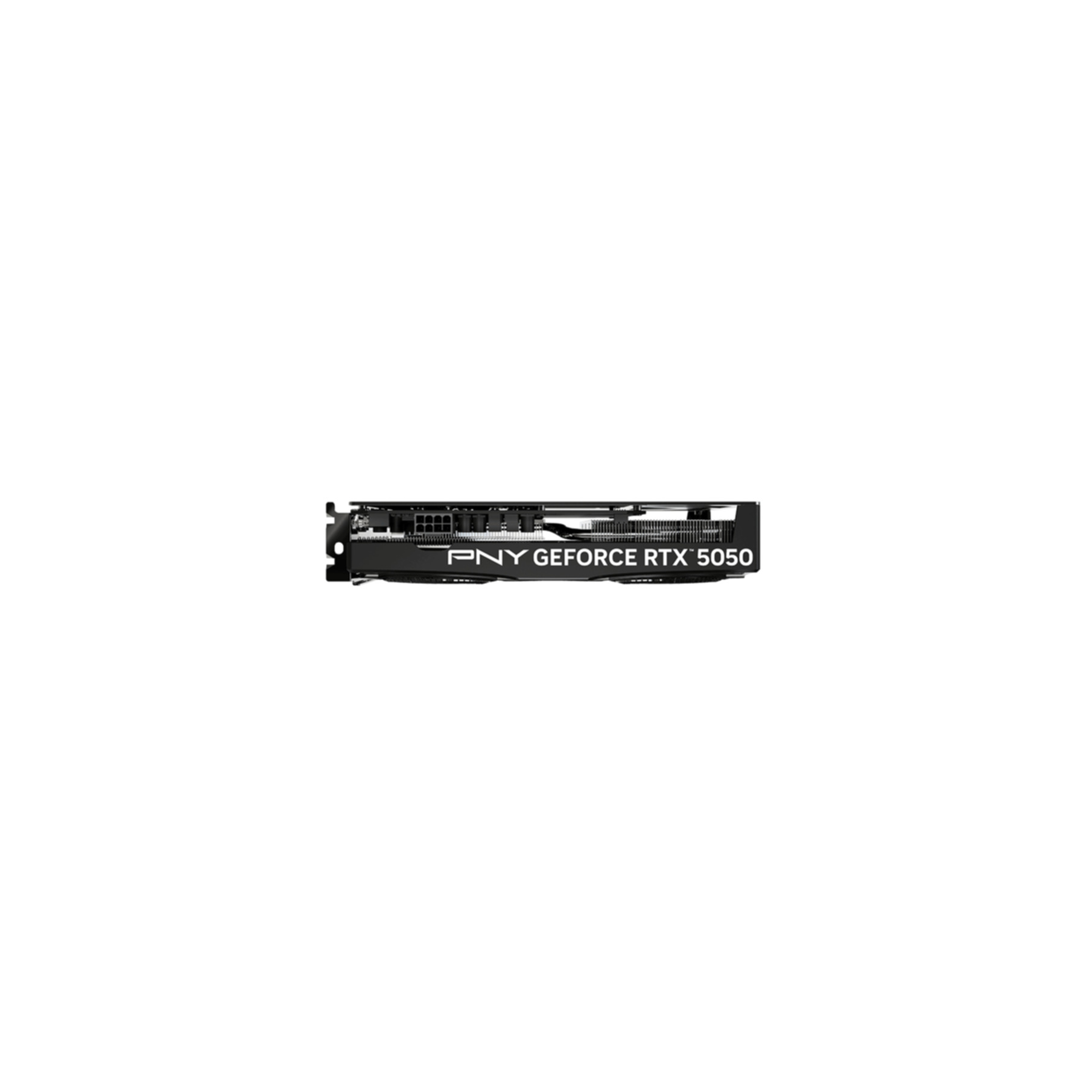 A black PNY GeForce RTX 5050 graphics card, with visible text on a white background.