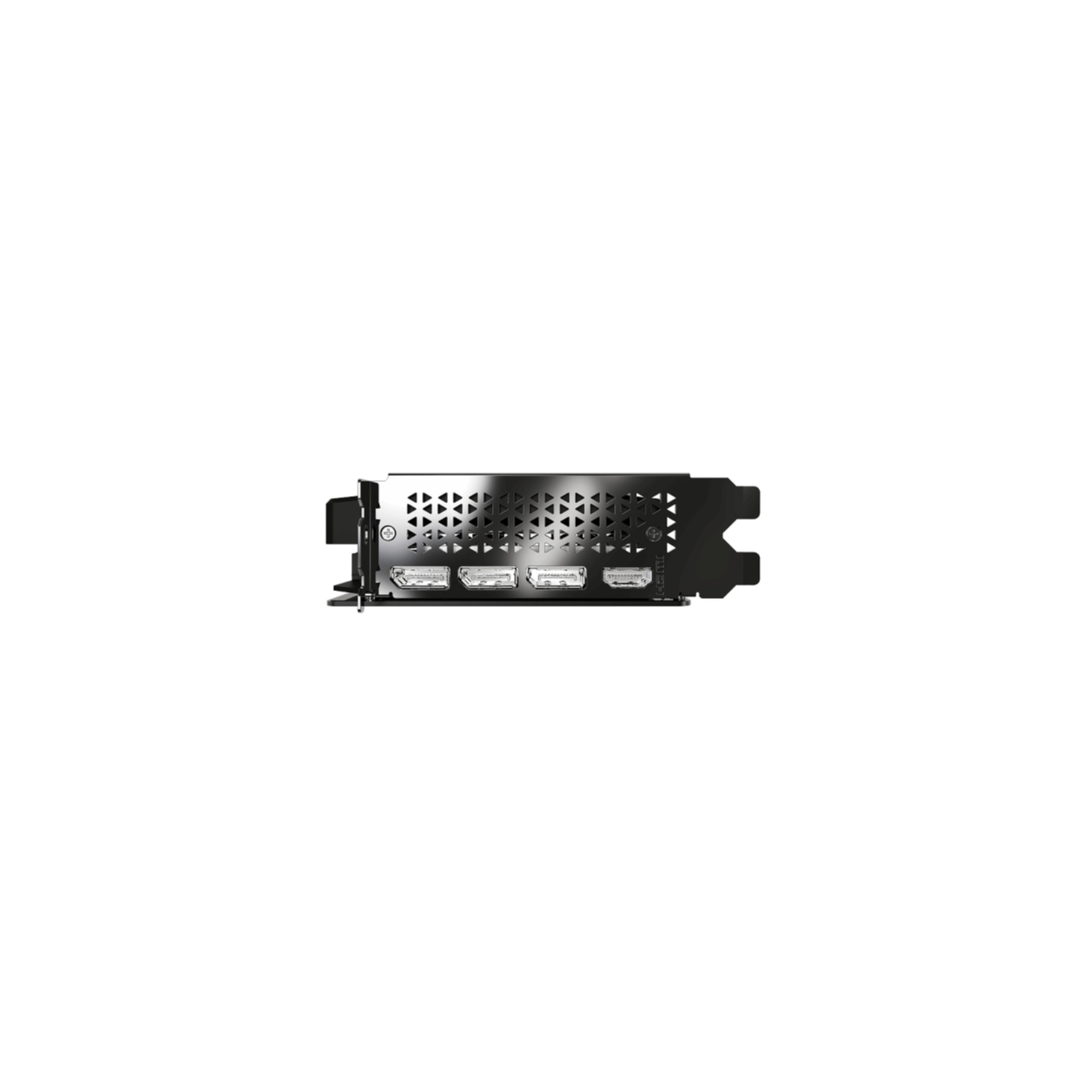 A black and silver graphics card with multiple HDMI ports, featuring a metal casing with triangular cutouts.