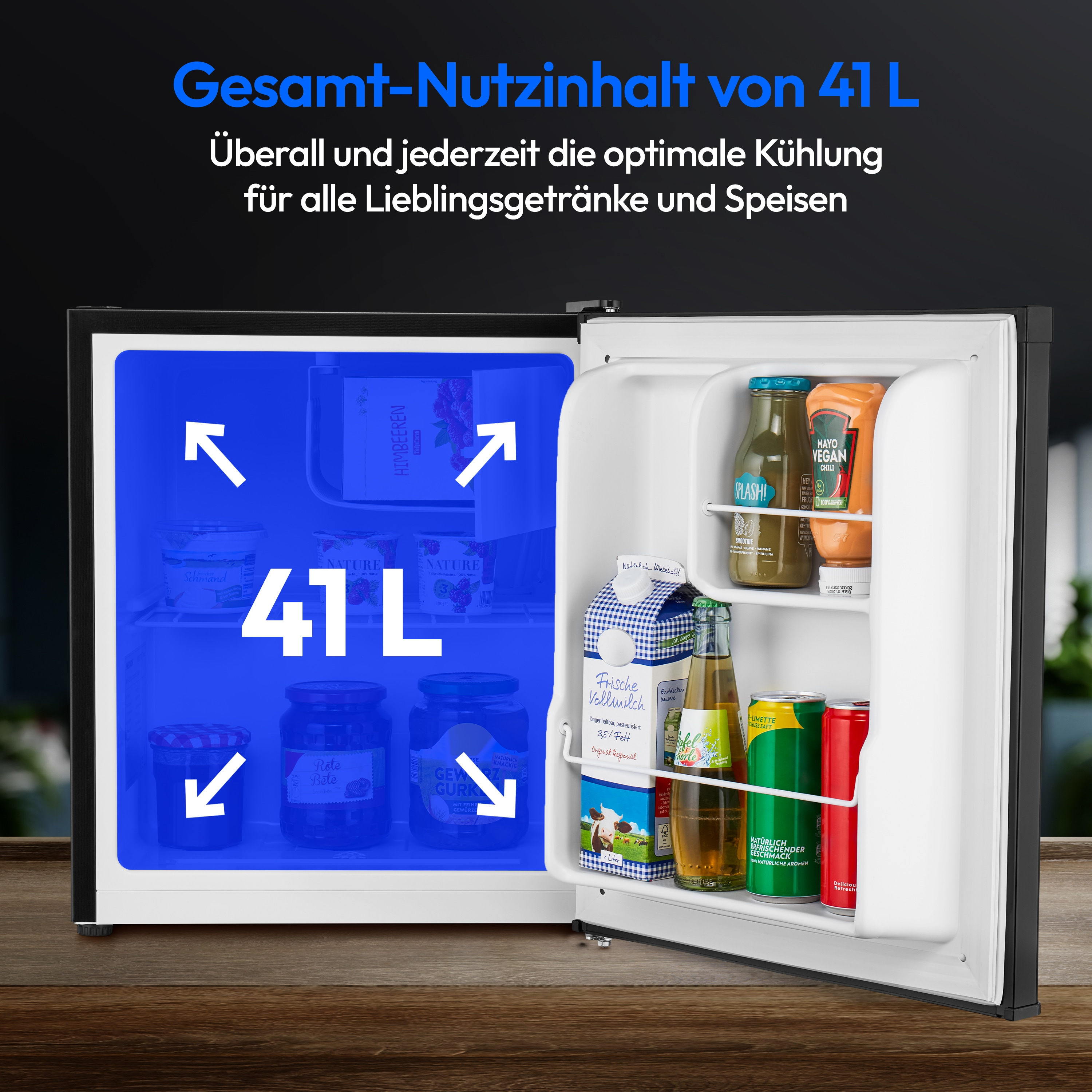 Kleiner offener Kühlschrank mit Getränken und Lebensmitteln. Text oben sagt 'Gesamt-Nutzinhalt 41 L'.