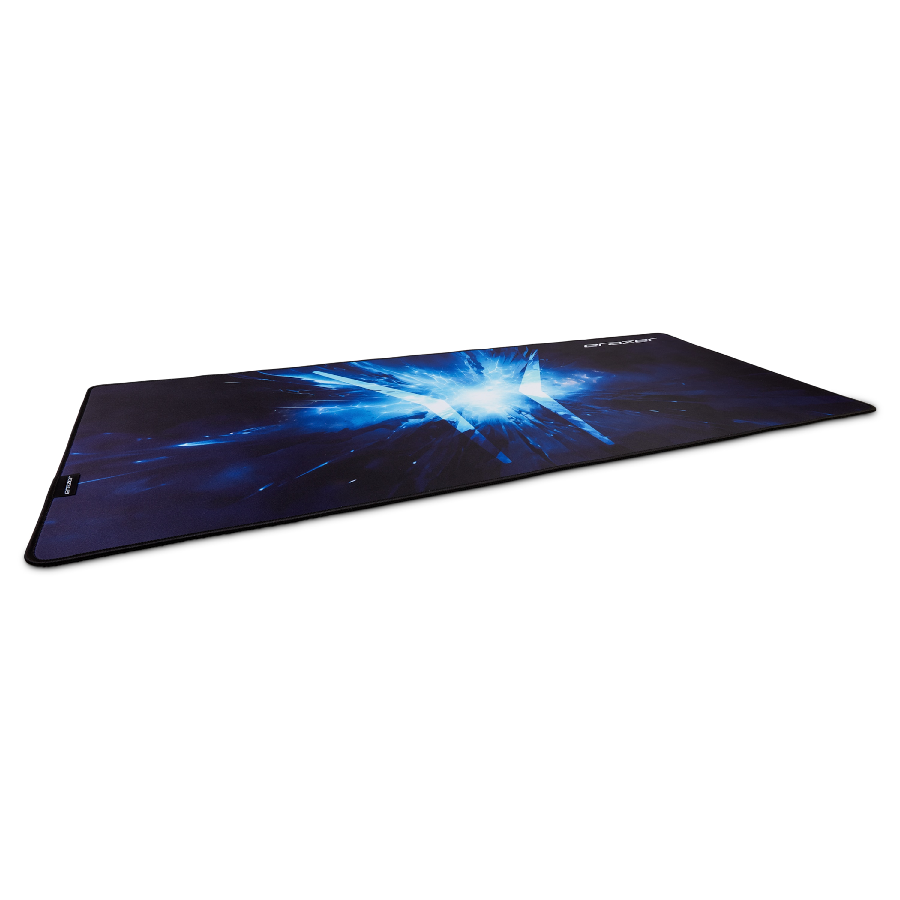 A black rectangular mousepad with a blue and white graphic design, angled on a white background.