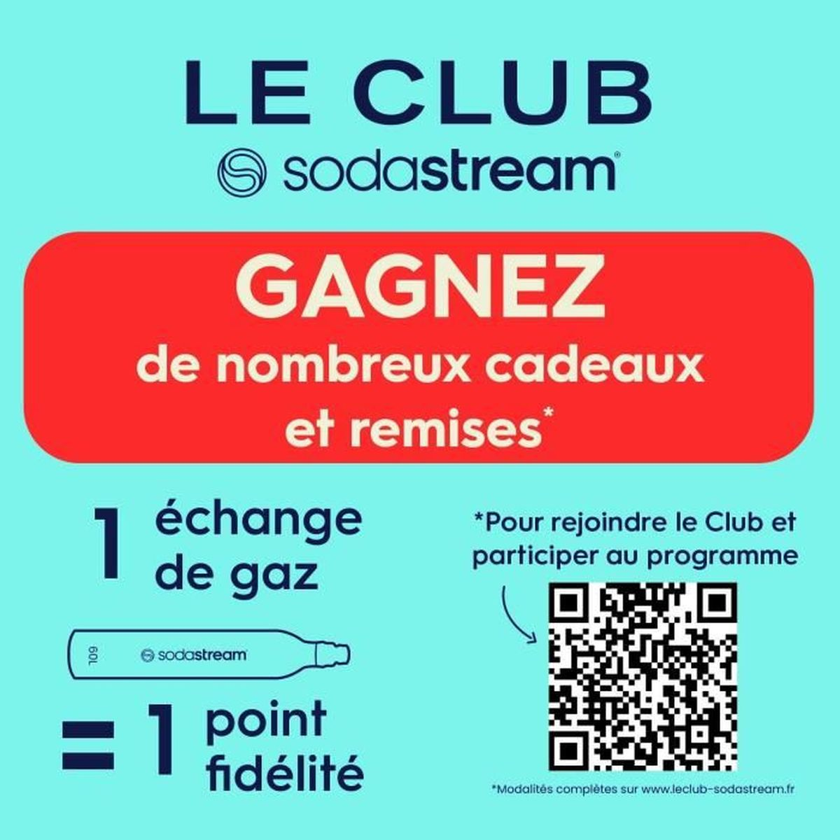 Grafica promozionale per il programma fedeltà di SodaStream. Testo in francese: Vinci regali e sconti. Codice QR per aderire. Lo scambio di gas equivale a 1 punto.