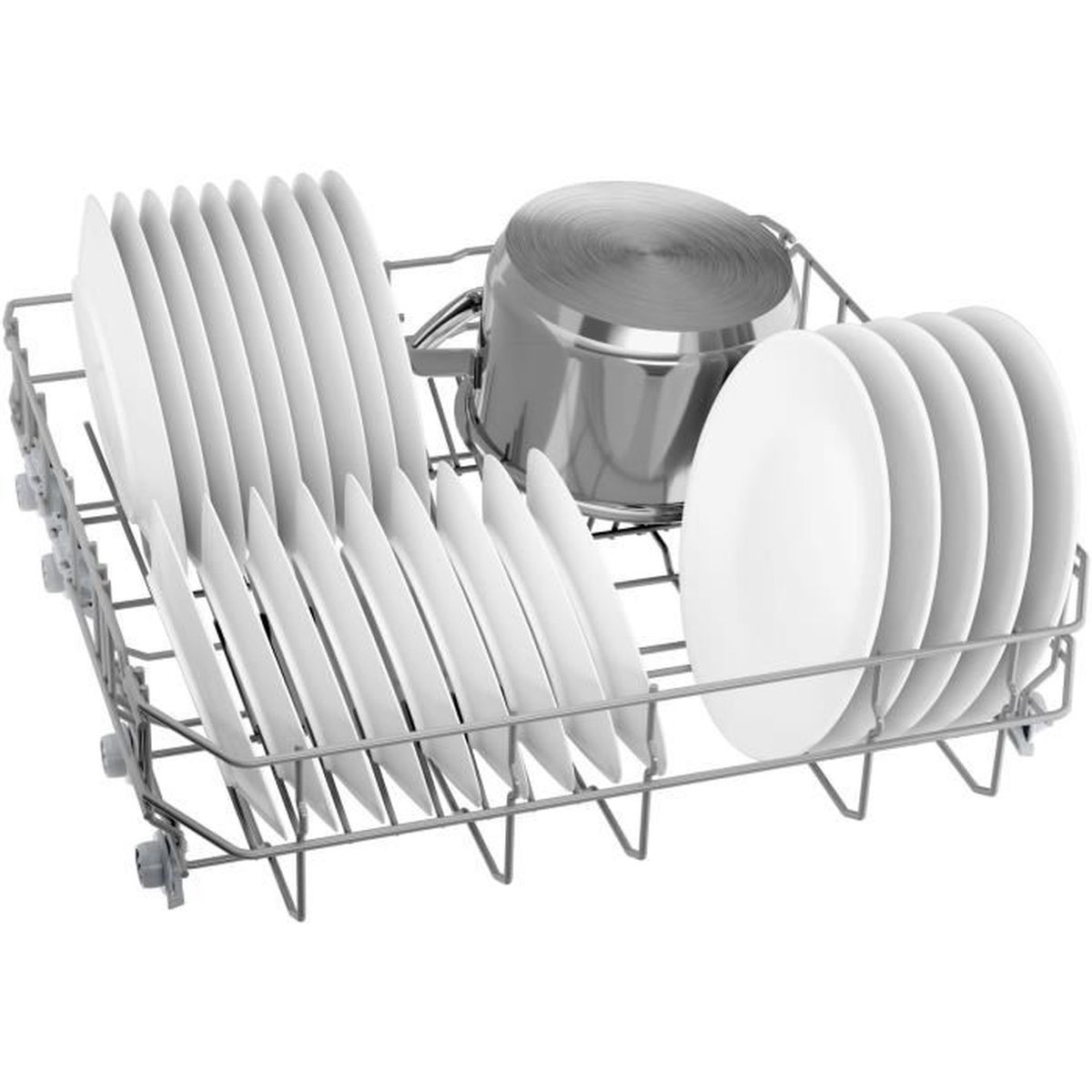 Un panier de lave-vaisselle avec des assiettes blanches et une casserole en acier inoxydable. Assiettes disposées dans deux sections.