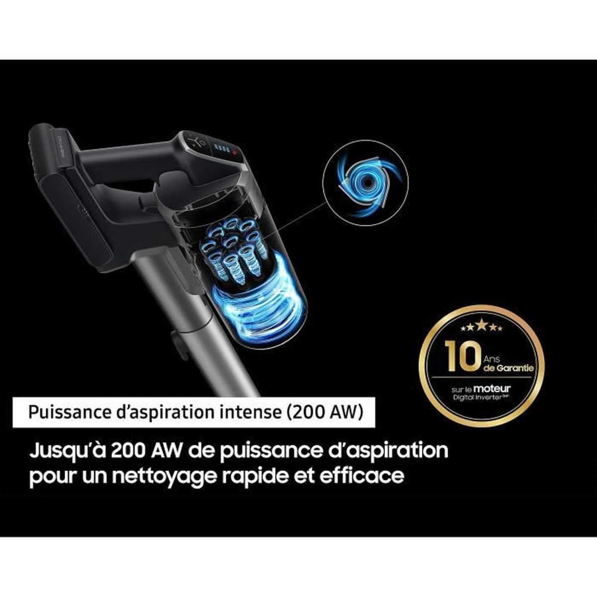 Una aspiradora vertical negra con un depósito de polvo transparente. Visible una insignia de garantía de 10 años sobre fondo negro.