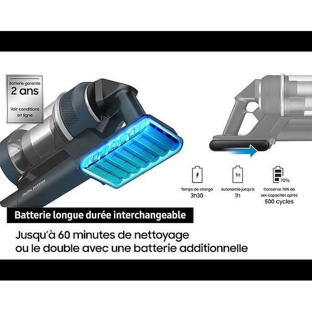 Se muestra una aspiradora inalámbrica. Las características incluyen una garantía de batería de 2 años y hasta 60 minutos de limpieza.