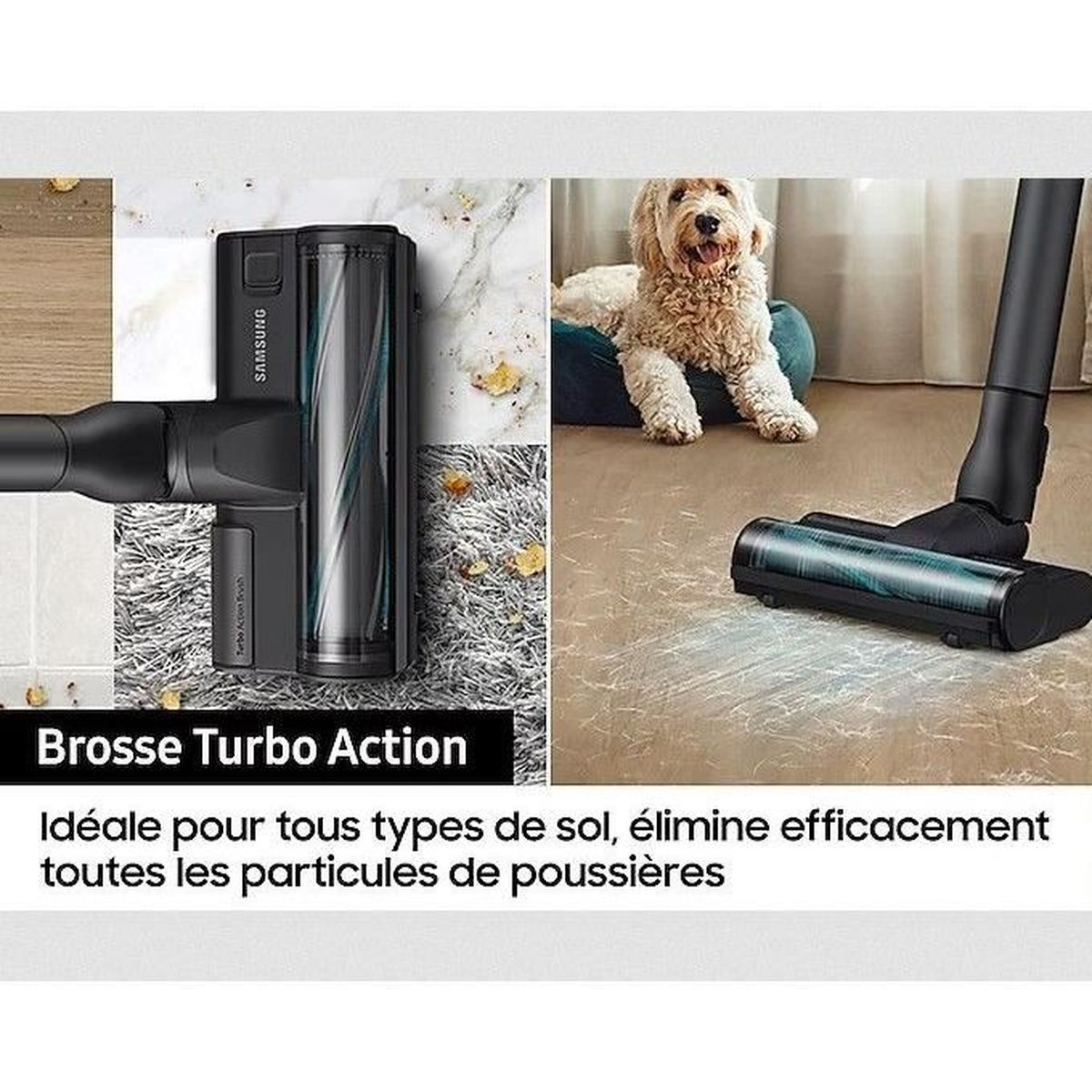 Se muestra una aspiradora Samsung con un cepillo turbo. Un perro está sentado en una cama en el fondo. El texto dice 'Ideal para todo tipo de suelos'.