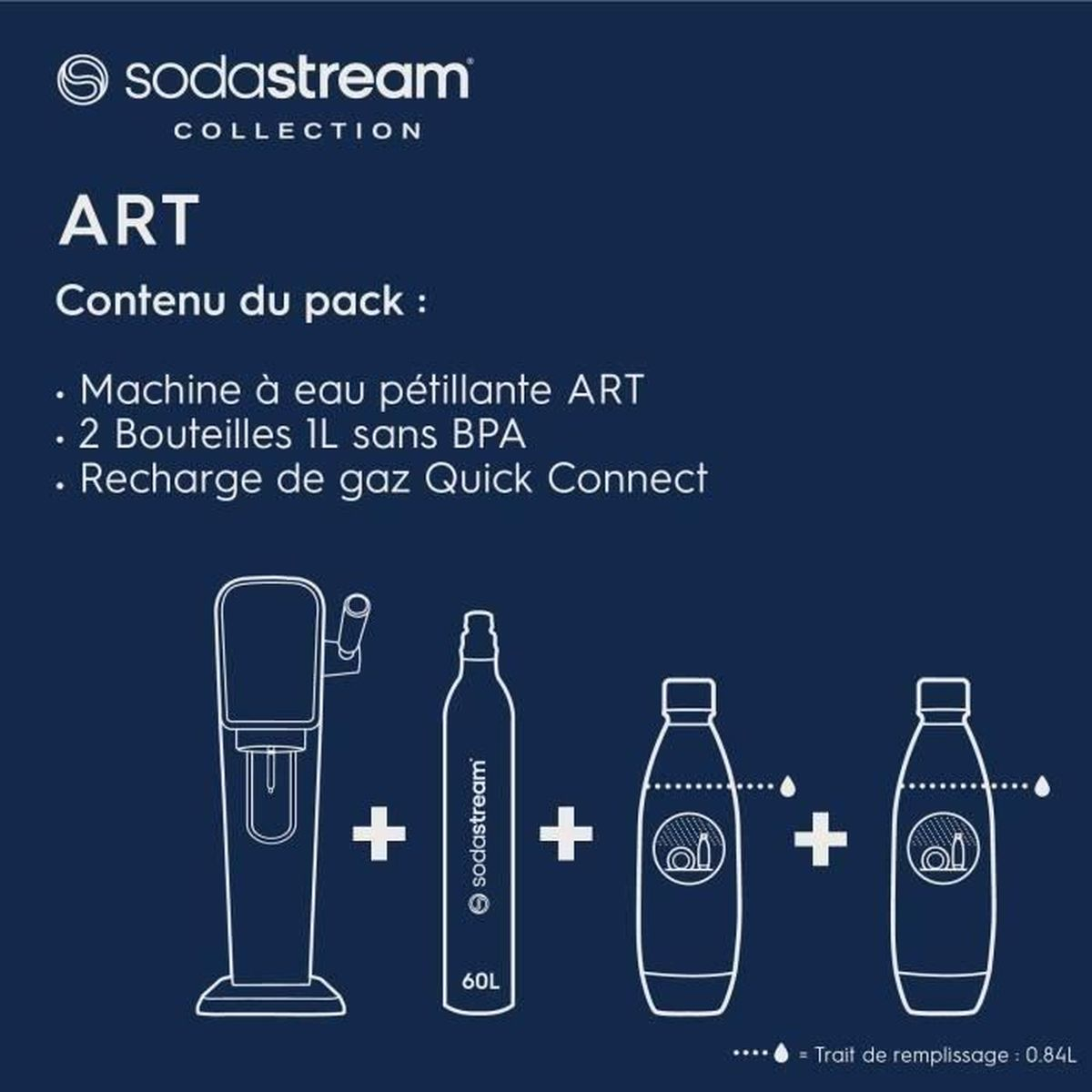 Diagramm eines Sodastream ART-Pakets. Es enthält eine Sprudelmaschine, zwei Flaschen und eine Quick Connect Gasnachfüllung.