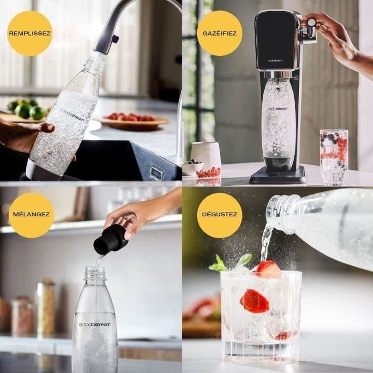 Vier Bilder zeigen die Verwendung von SodaStream: Befüllen der Flasche, Karbonisieren, Mischen mit Sirup und Genießen eines Getränks mit Erdbeeren.