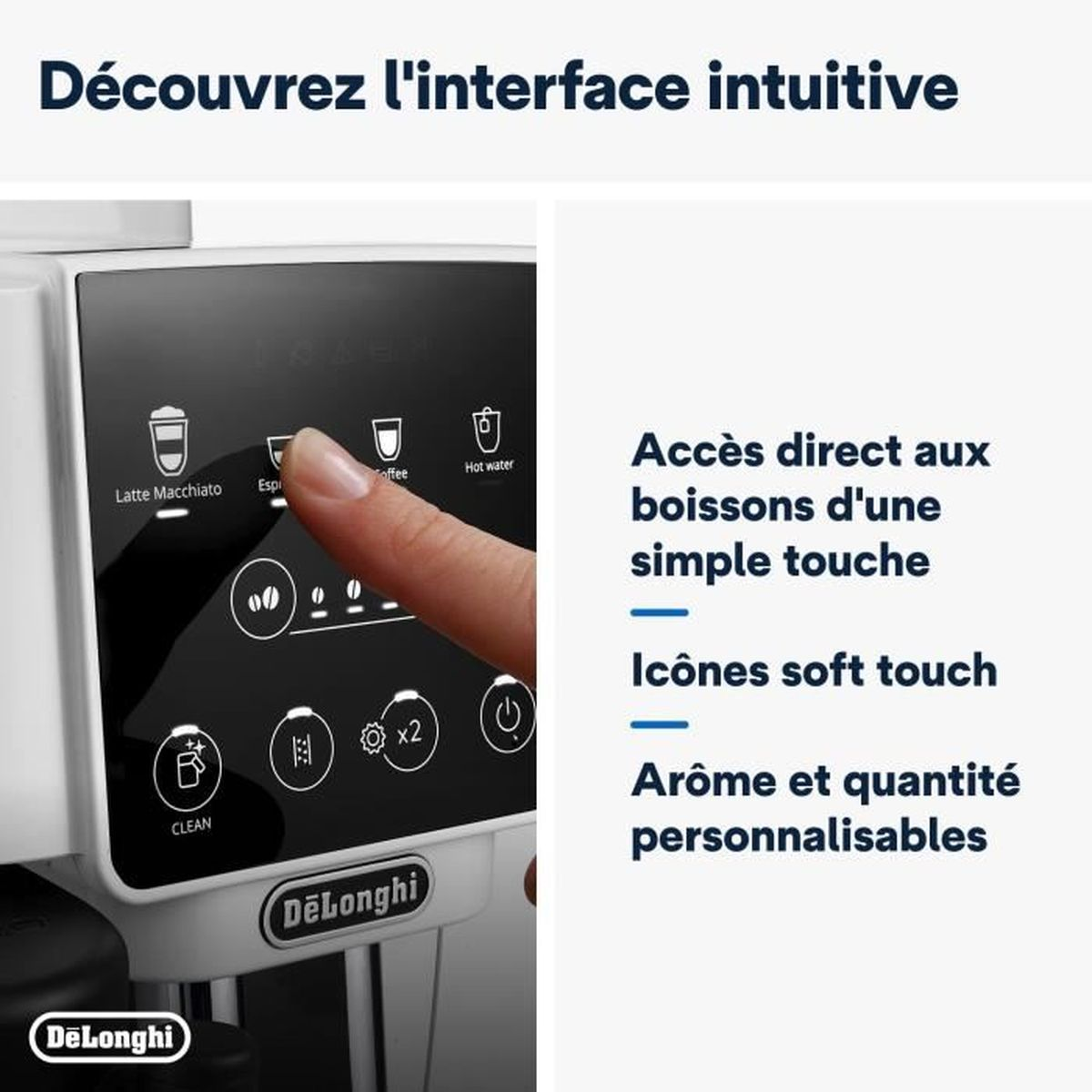 Ręka dotyka przycisku 'Espresso' na ekspresie do kawy De'Longhi. Tekst podkreśla 'intuicyjny interfejs' i opcje napojów.