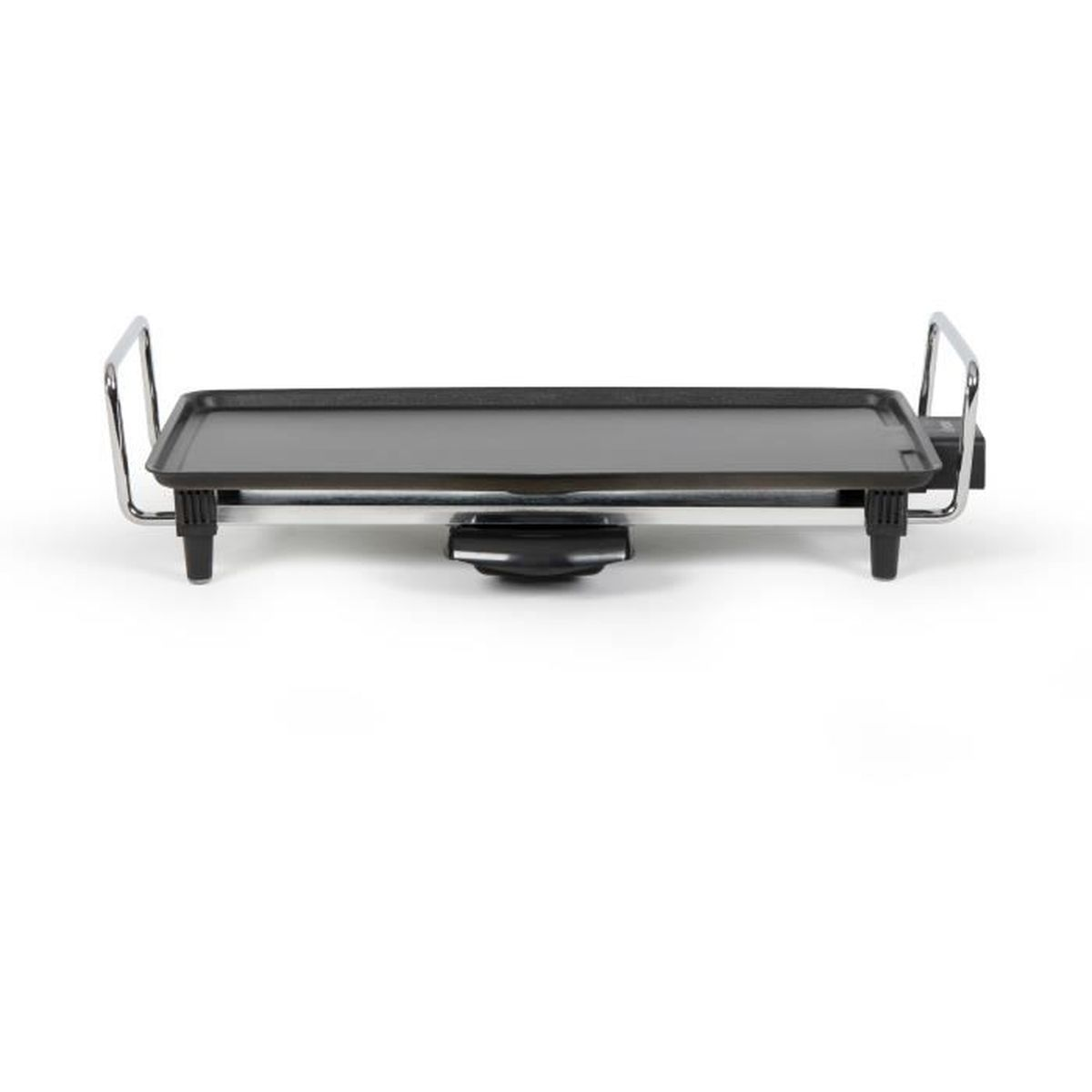 Una plancha eléctrica negra sobre un fondo blanco. Tiene una superficie de cocción rectangular, asas y patas metálicas y un mando.
