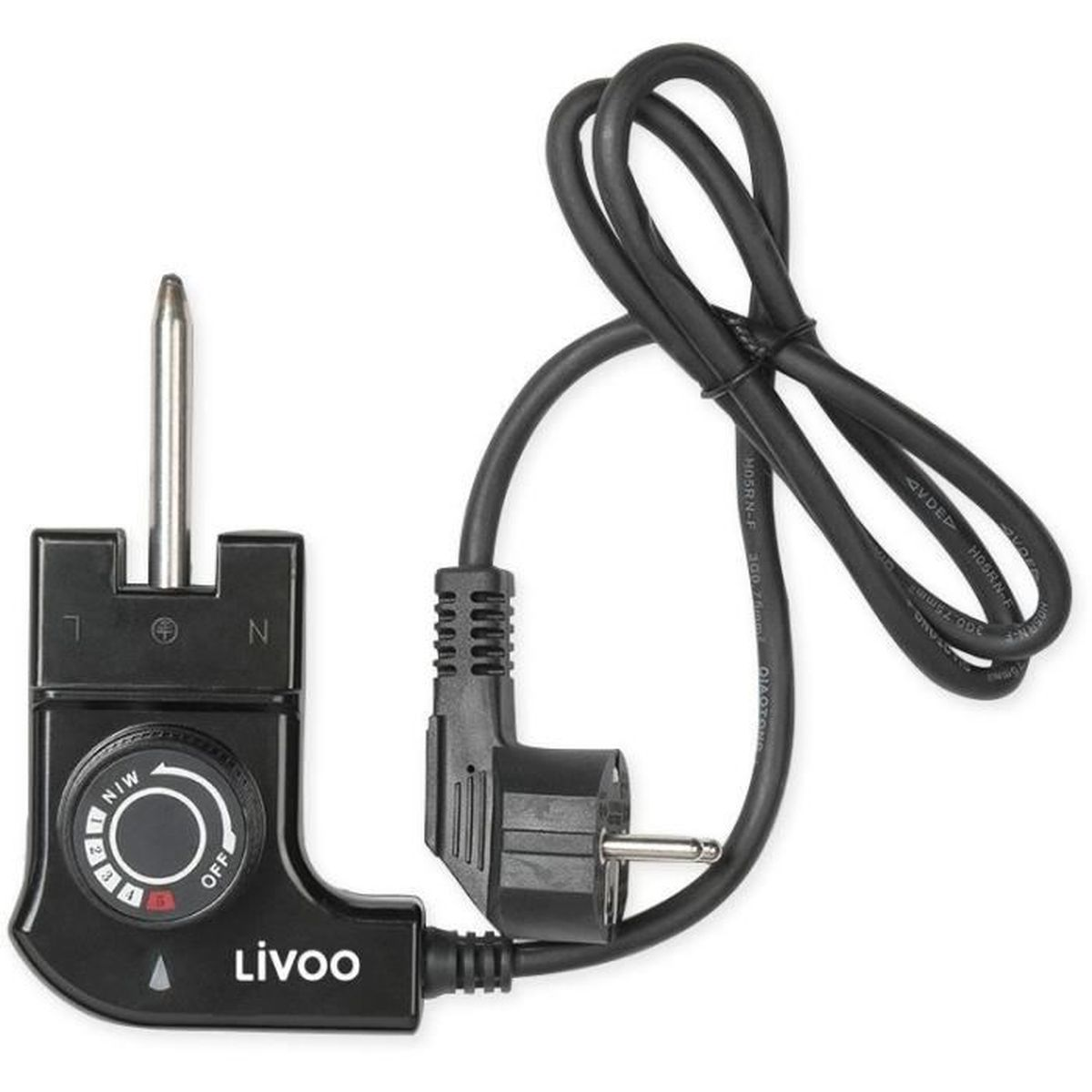 Un electrodoméstico negro Livoo con un dial de control de temperatura, una sonda de metal y un cable de alimentación negro con enchufe.