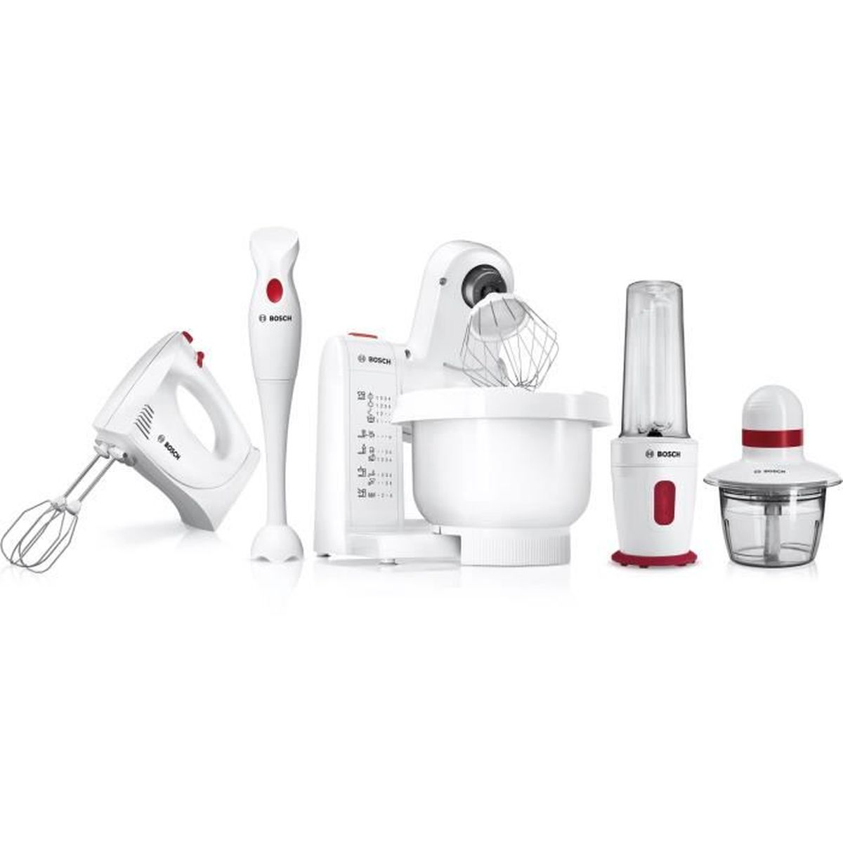 Un juego de electrodomésticos de cocina Bosch blancos. Incluye batidora de mano, batidora de inmersión, batidora de pie, licuadora y procesador.