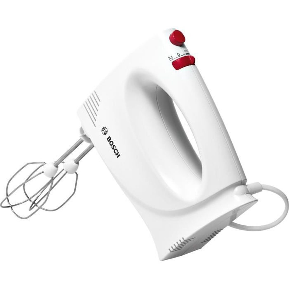 Una batidora de mano Bosch blanca con batidores. Tiene un botón de control rojo arriba y el nombre de la marca a un lado.