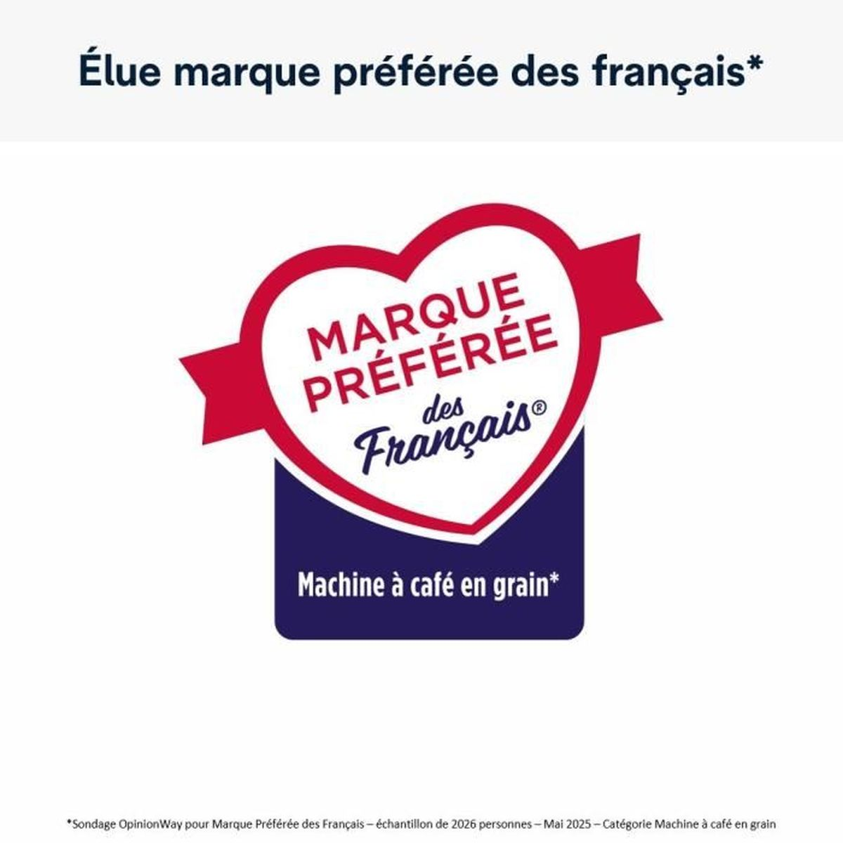 Logo w kształcie serca z tekstem 'Marque Préférée des Français'. Poniżej 'Machine à café en grain'. Białe tło z tekstem.