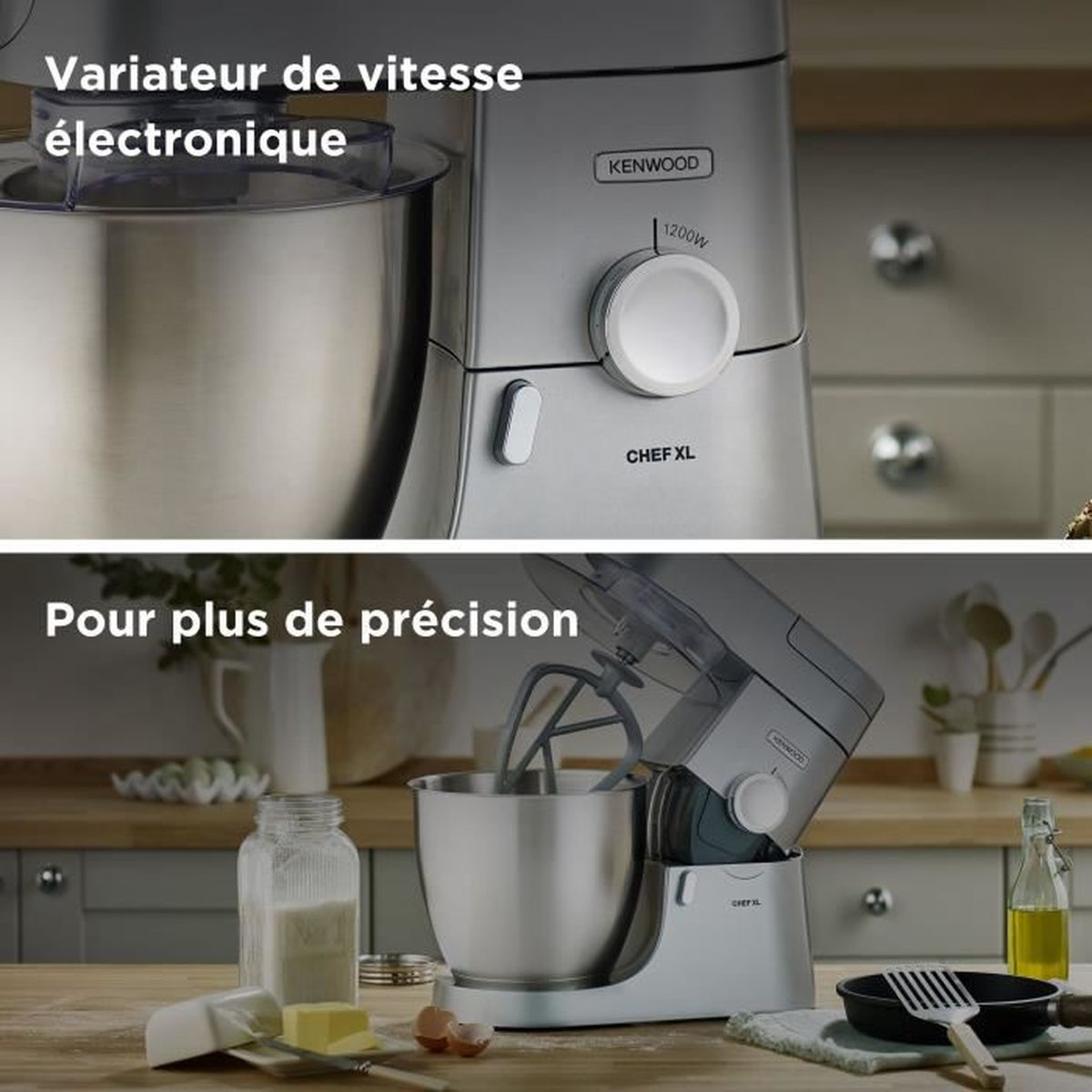 İki çekimde bir Kenwood Chef XL mutfak mikseri gösteriliyor. Yanında tereyağı, yumurta ve un gibi malzemeler var. Mutfak dolabı arka planı.