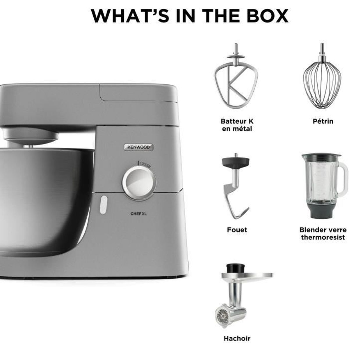 Kenwood Chef XL mutfak robotu ve aksesuarları: K çırpıcı, çırpma teli, hamur kancası, blender ve kıyma makinesi. Gri renk şeması.
