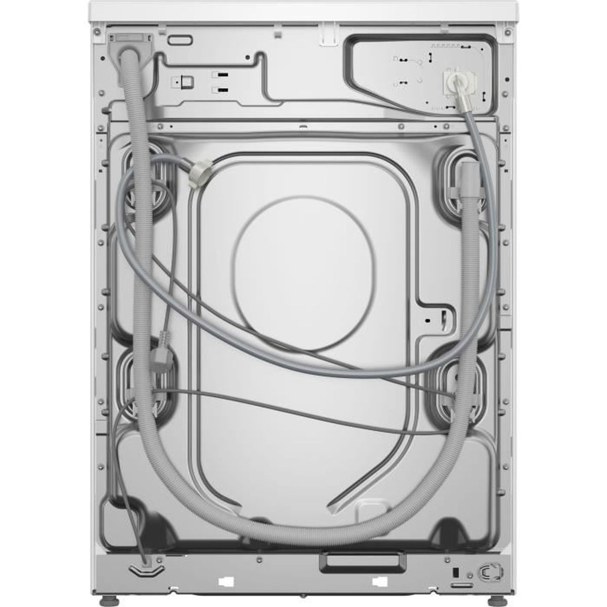 Rückseite einer Waschmaschine. Sie hat einen weißen Metallrahmen mit einer großen zentralen Öffnung und verschiedenen Schläuchen.