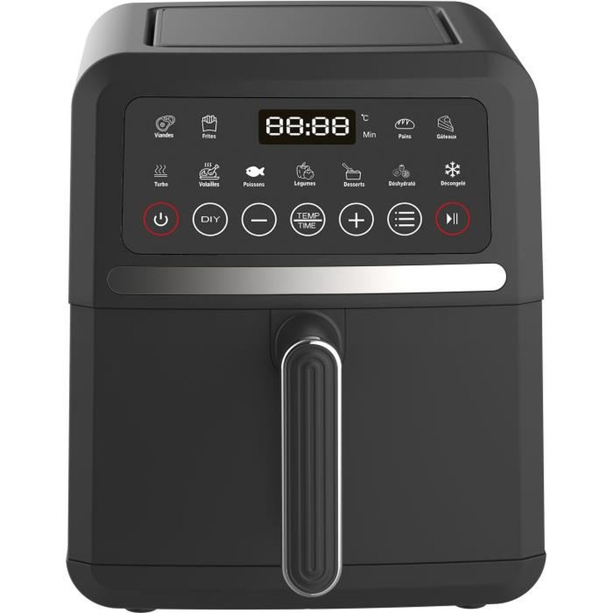 Czarna frytkownica powietrzna z cyfrowym wyświetlaczem 88:88. Posiada przyciski do różnych opcji gotowania, takich jak frytki, ryby i desery.
