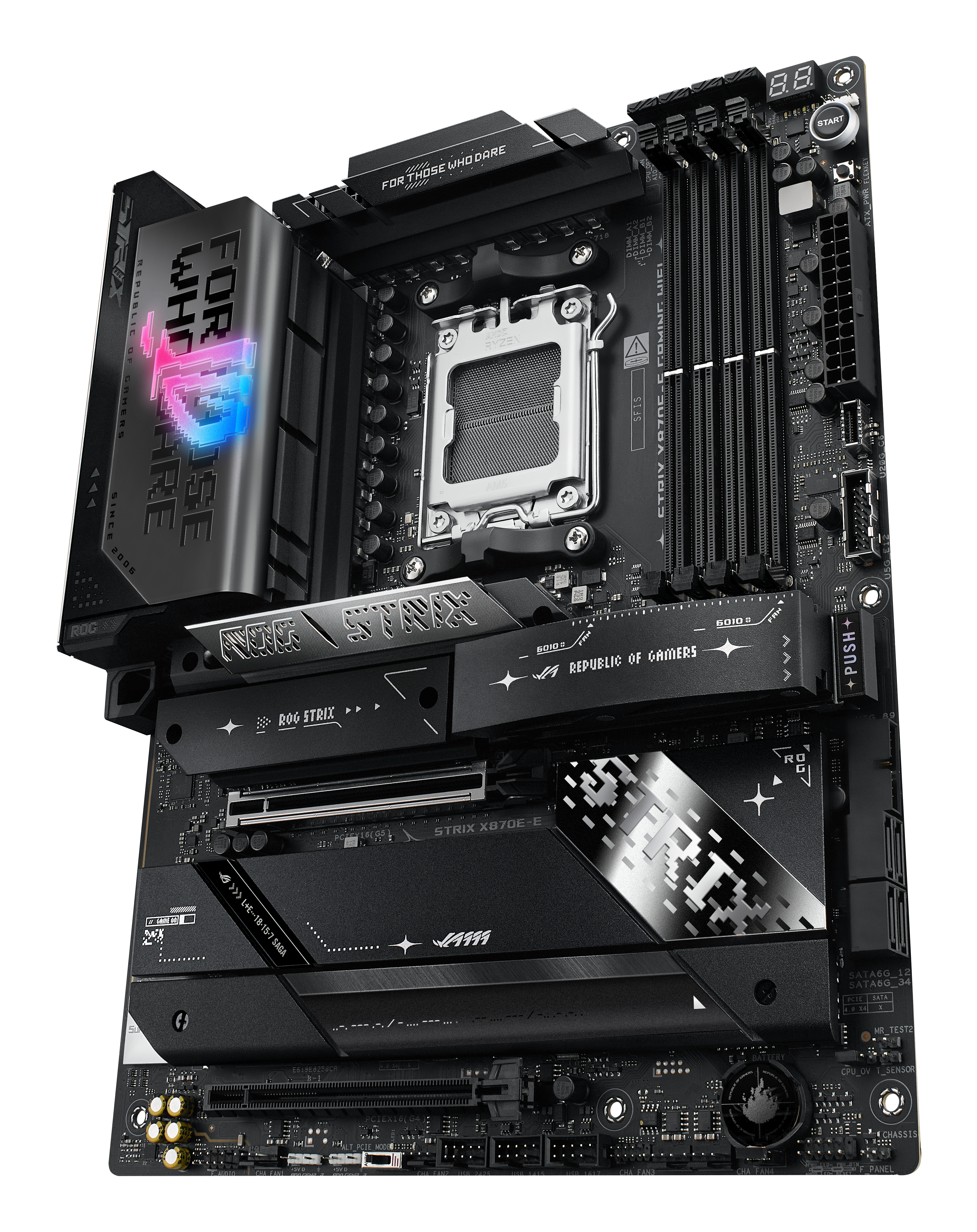 Una scheda madre nera con dettagli argentati, varie porte e il logo ROG Strix.